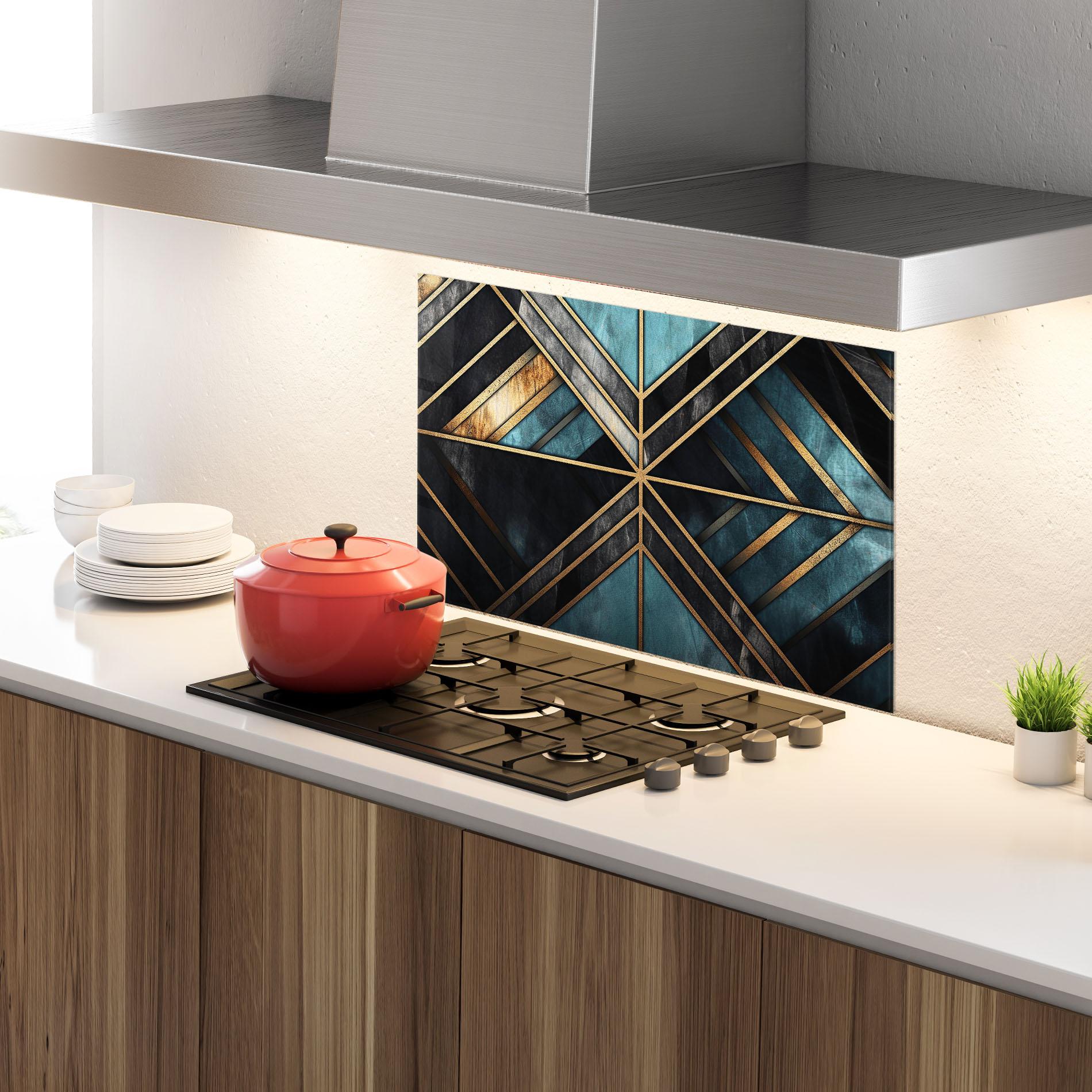 Panel Szklany do Kuchni Gold Lines On Blue Painting mockup 4