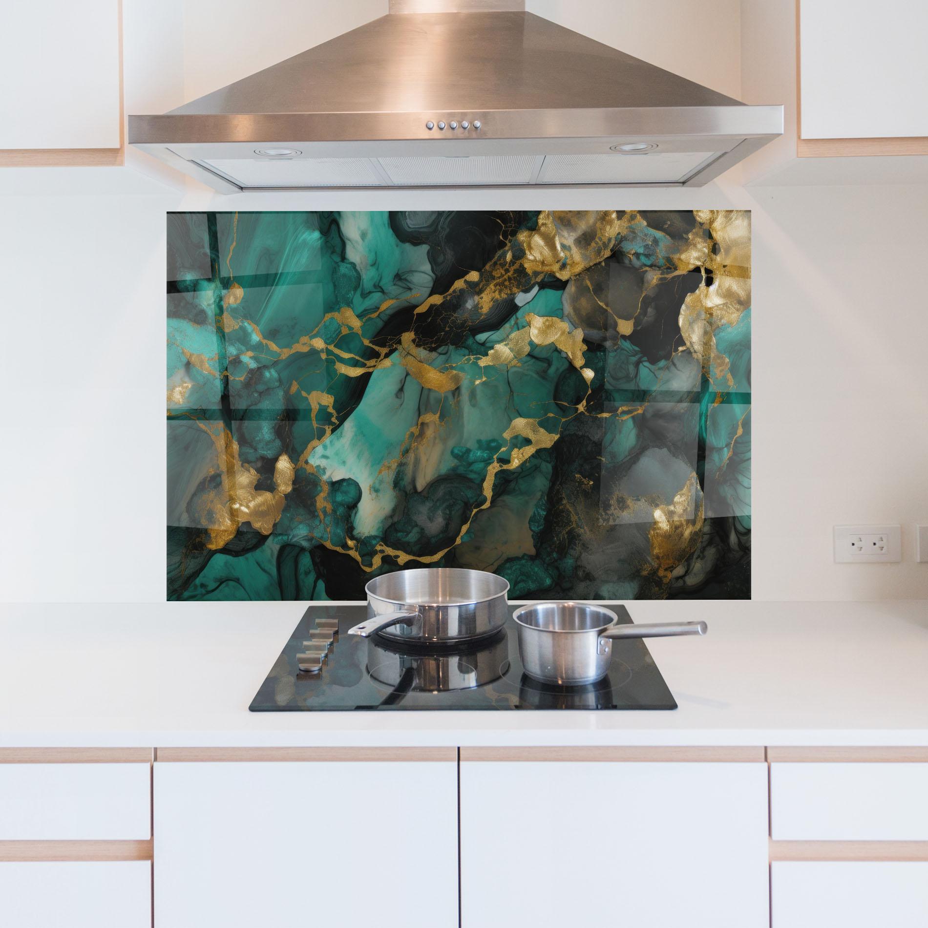 Panel Szklany do Kuchni Dark Green Golden Marble mockup 5