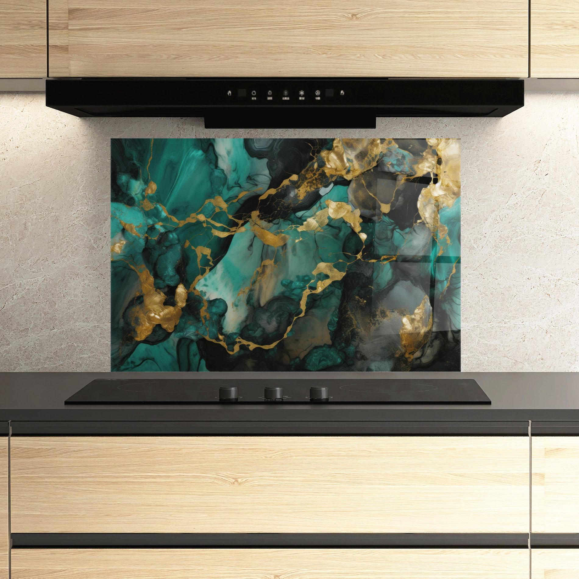 Panel Szklany do Kuchni Dark Green Golden Marble mockup 3