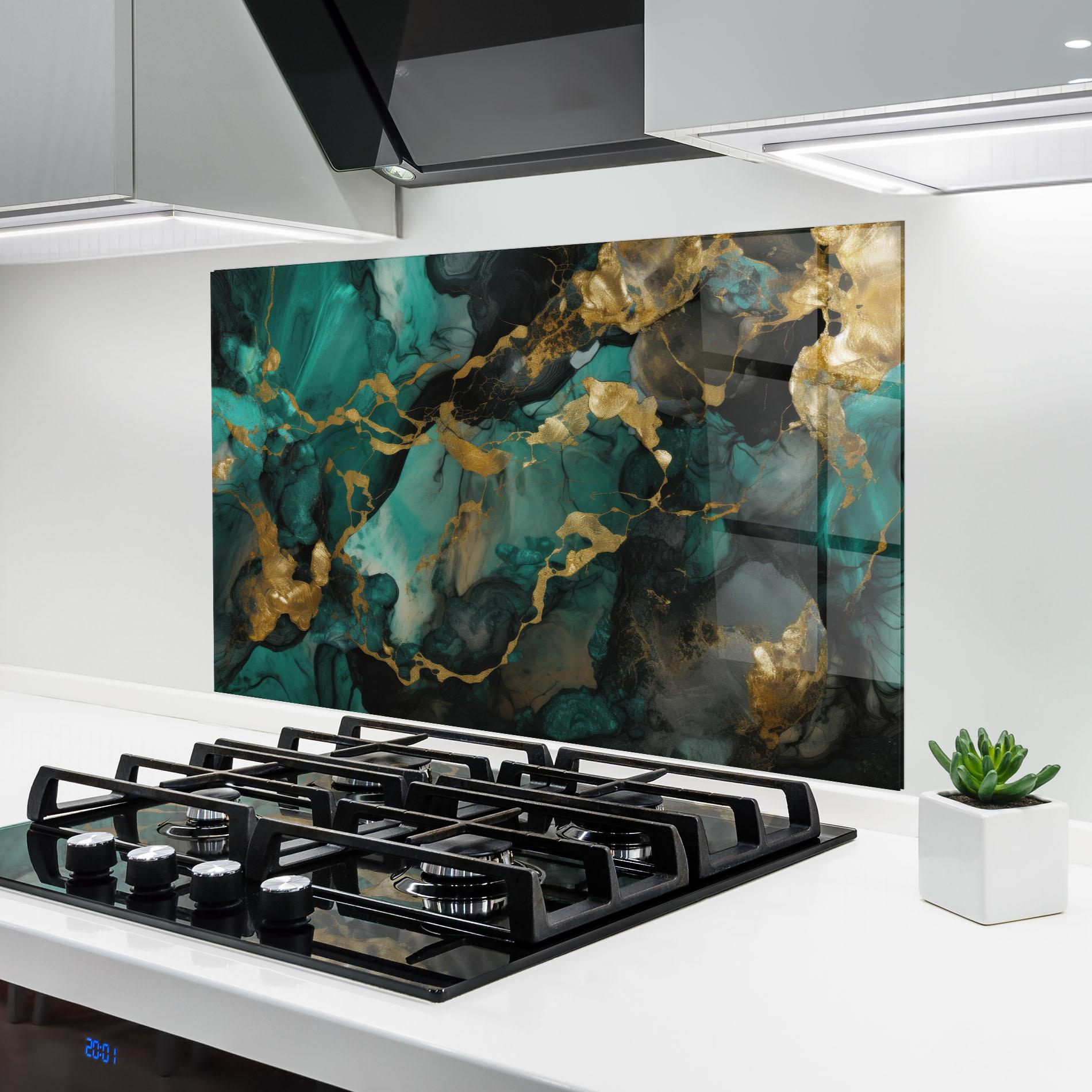 Panel Szklany do Kuchni Dark Green Golden Marble mockup 6