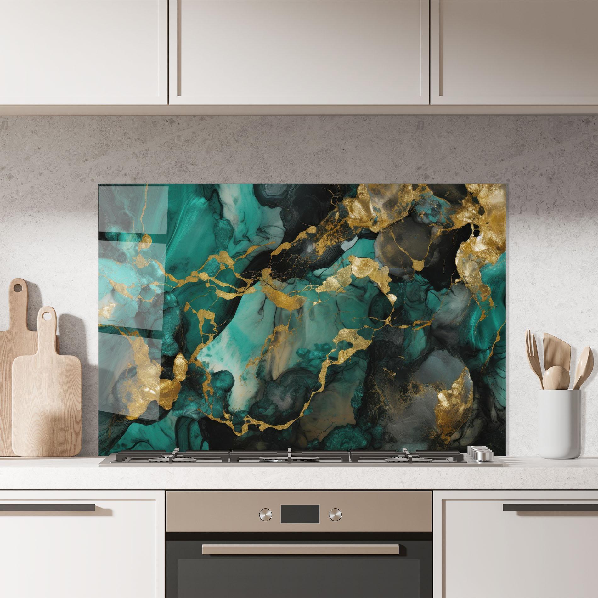 Panel Szklany do Kuchni Dark Green Golden Marble mockup 7