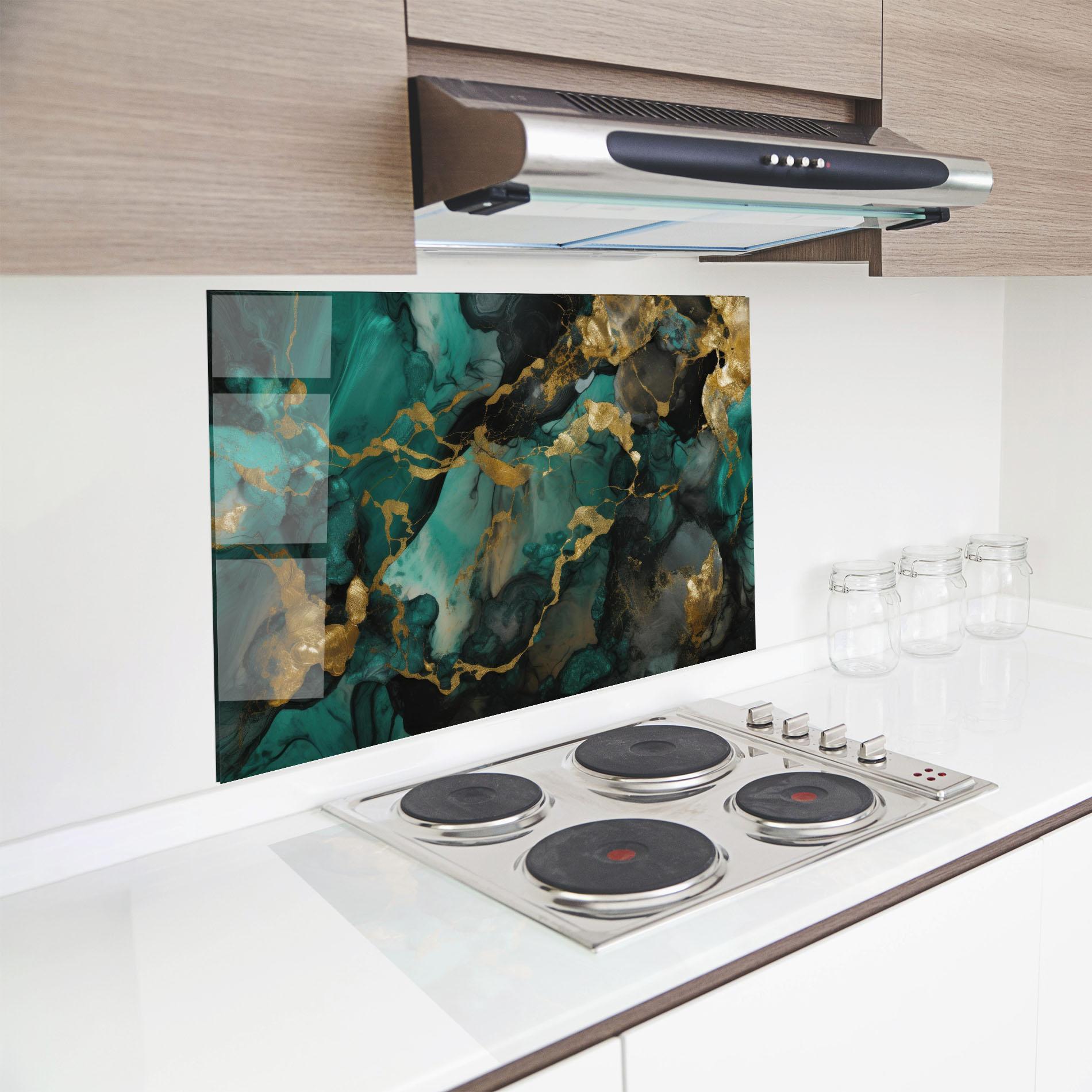 Panel Szklany do Kuchni Dark Green Golden Marble mockup 8