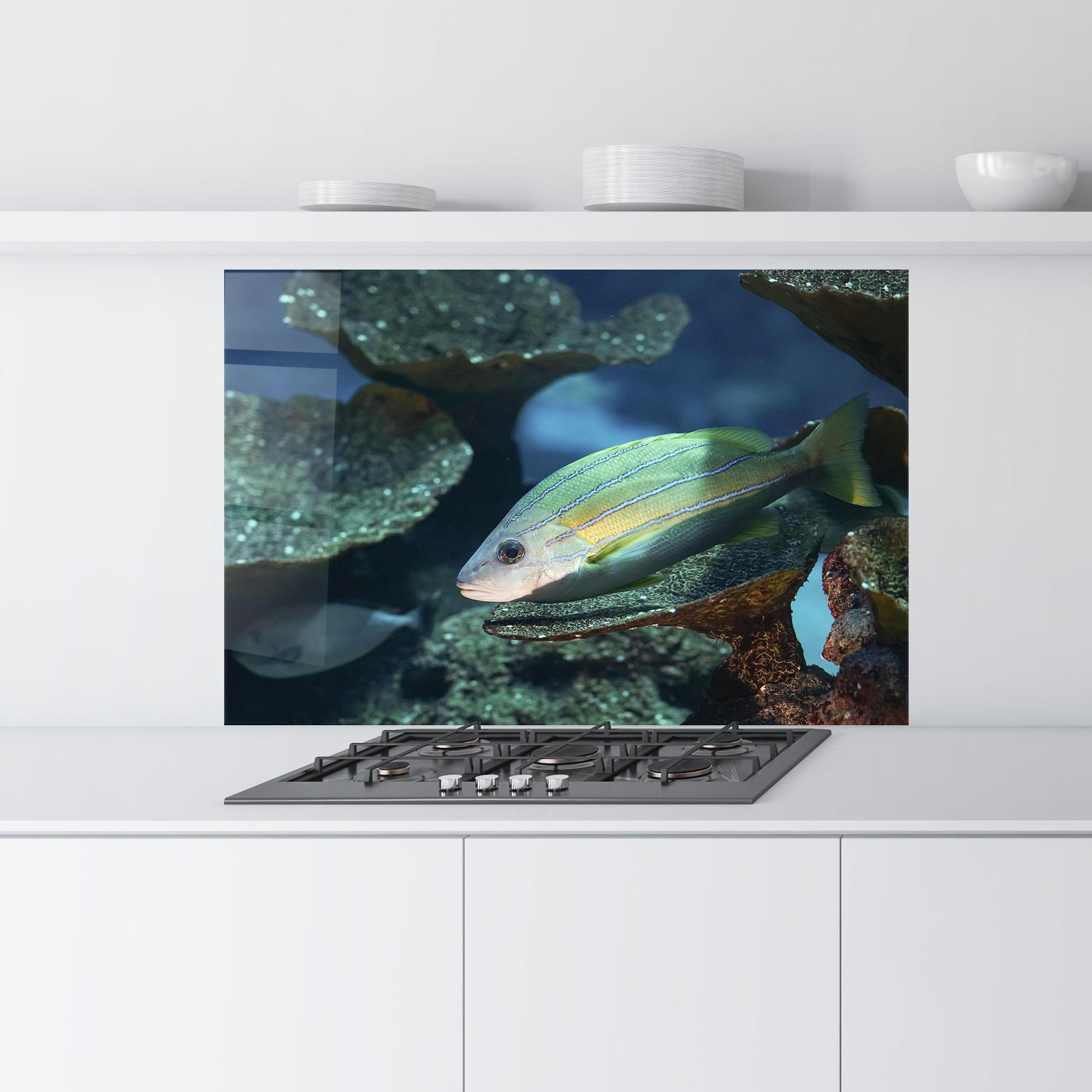 Panel Szklany do Kuchni Green Gold Fish mockup 9