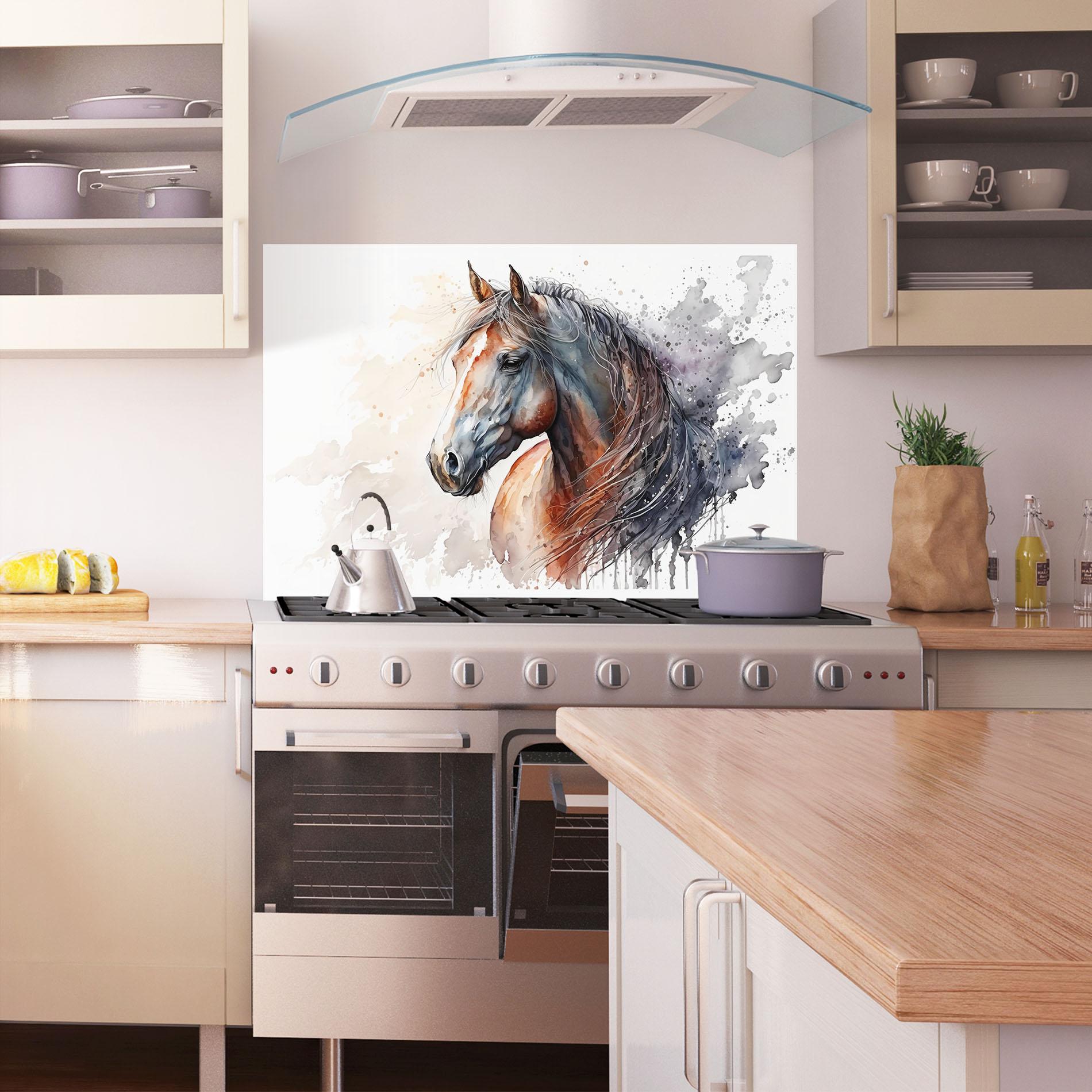 Panel Szklany do Kuchni Black Brown Horse Painting mockup 1