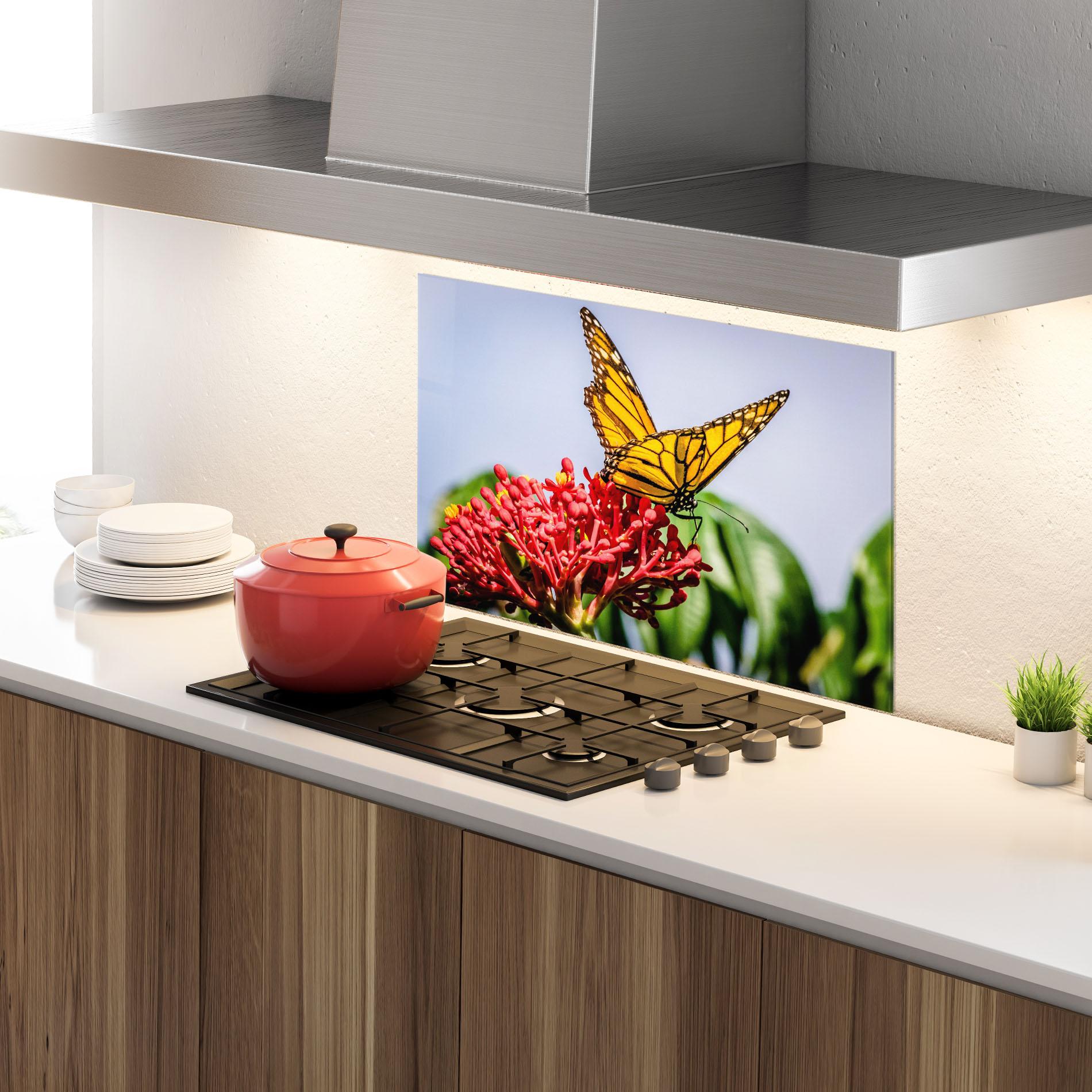 Panel Szklany do Kuchni Butterfly On Red Flower mockup 4