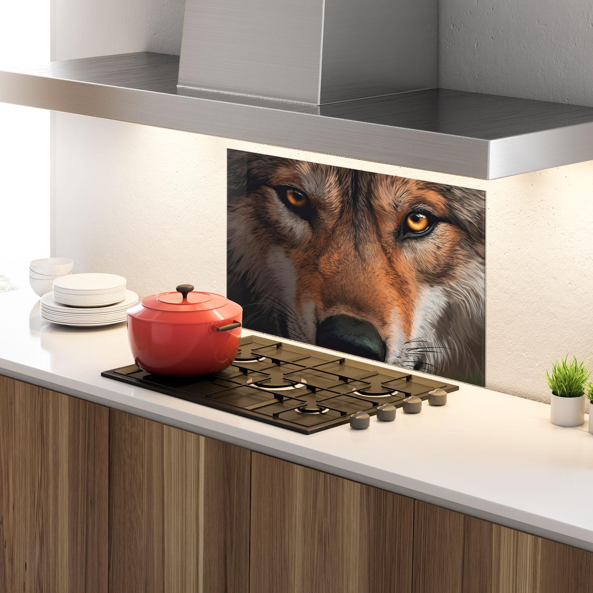 Panel Szklany do Kuchni Close Up Wolf Eyes mockup 4