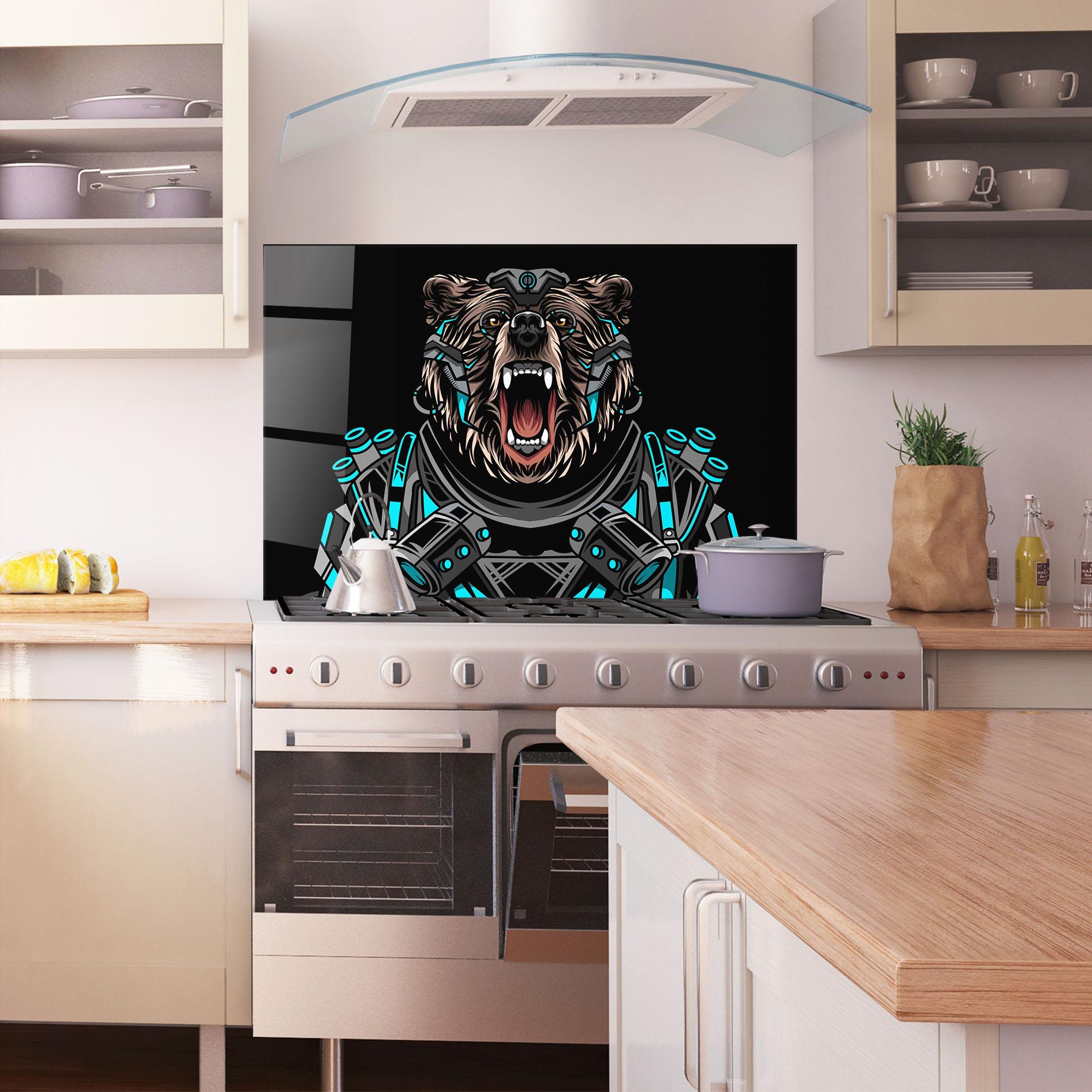 Panel Szklany do Kuchni Black Cyborg Bear mockup 1