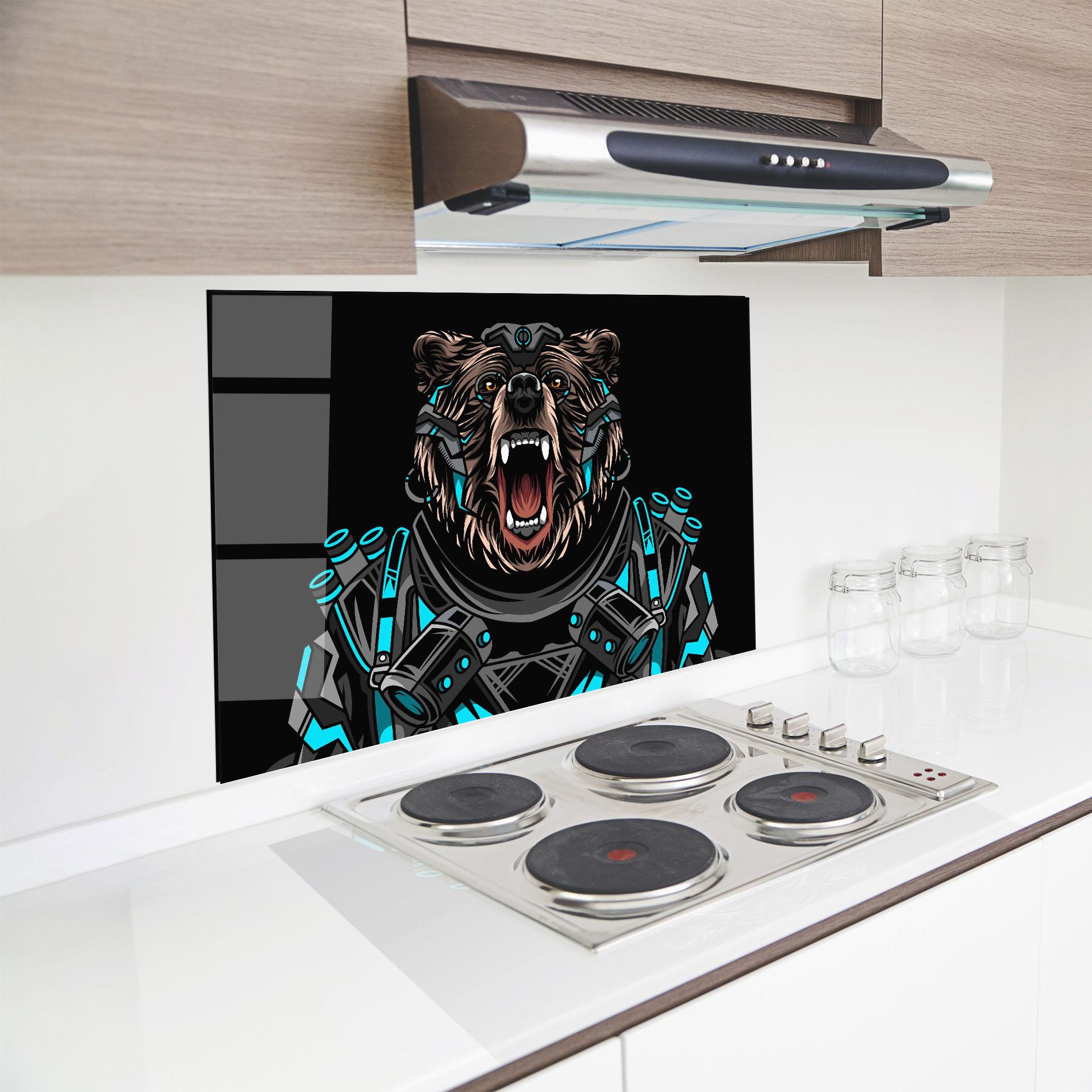 Panel Szklany do Kuchni Black Cyborg Bear mockup 8