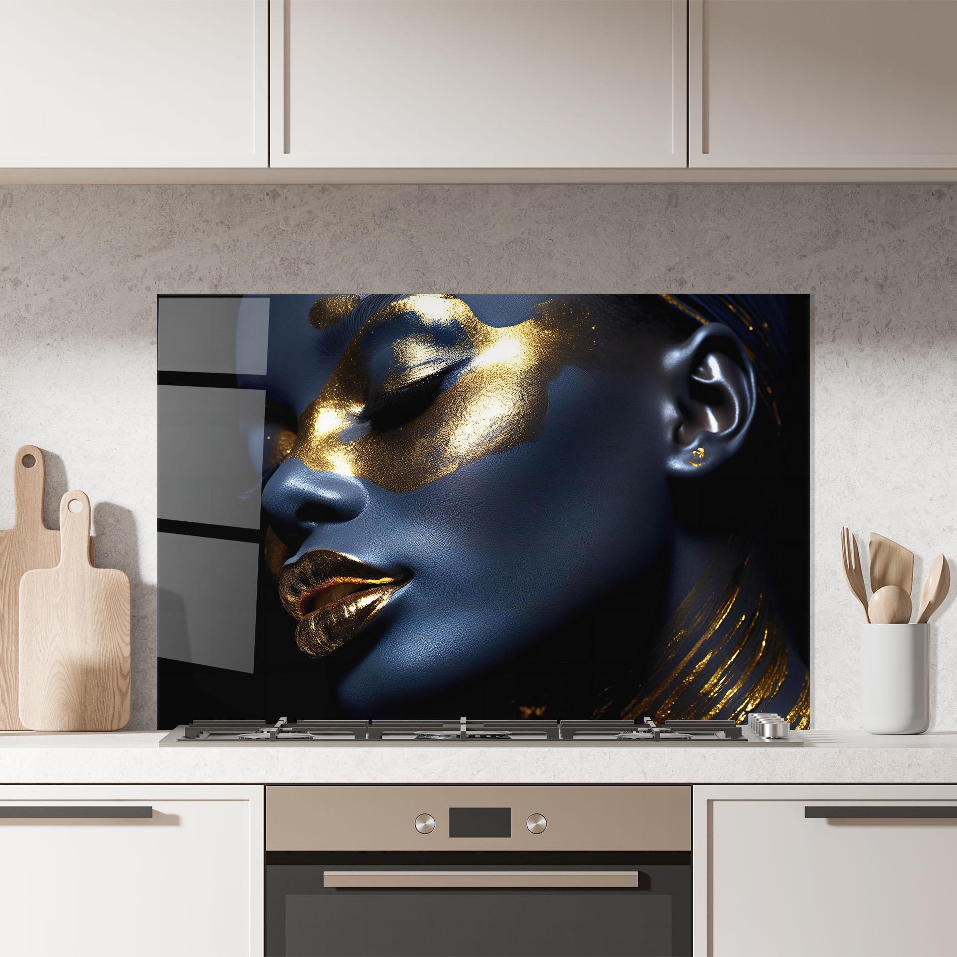 Panel Szklany do Kuchni Blue Gold Face mockup 7
