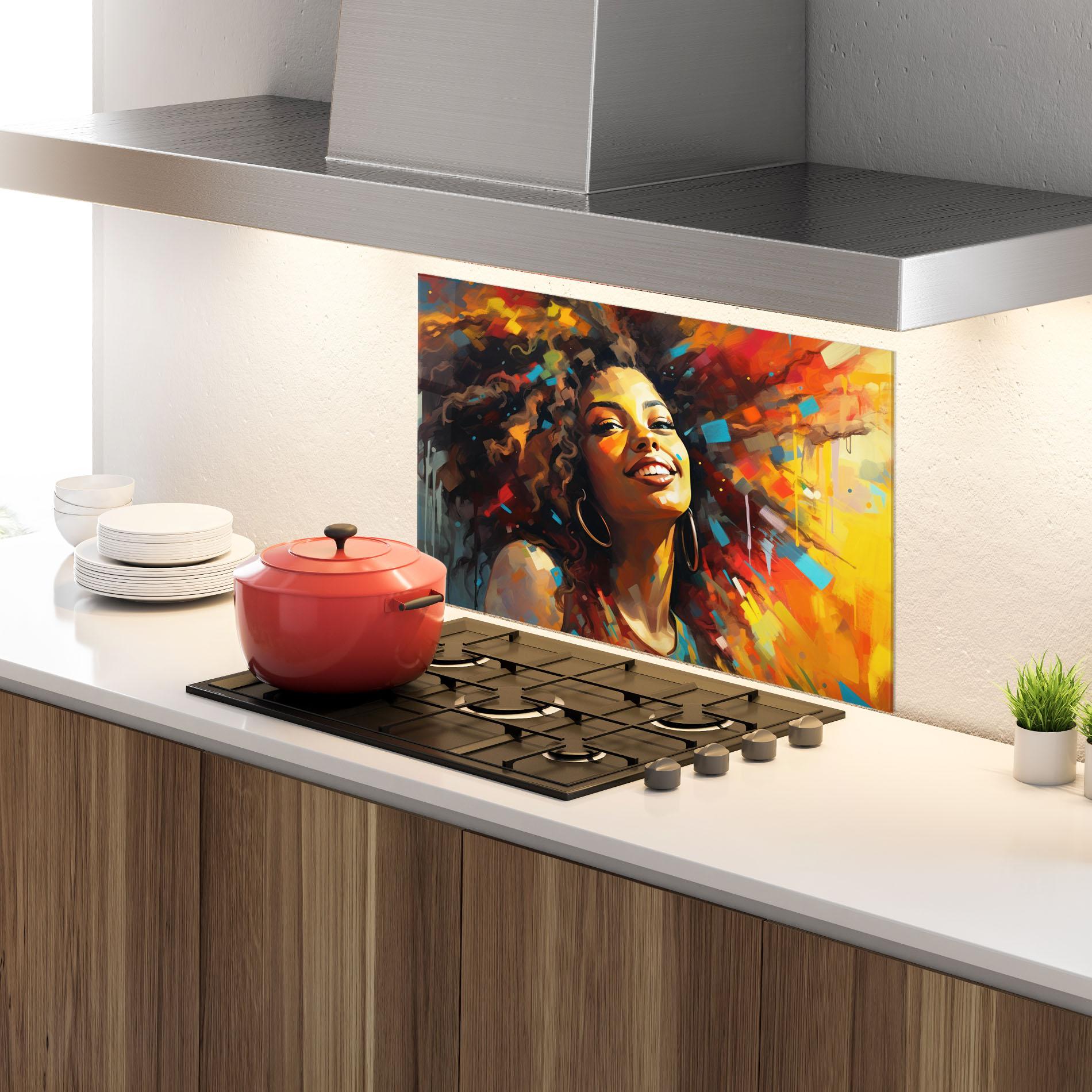 Panel Szklany do Kuchni Cheerful African Woman mockup 4