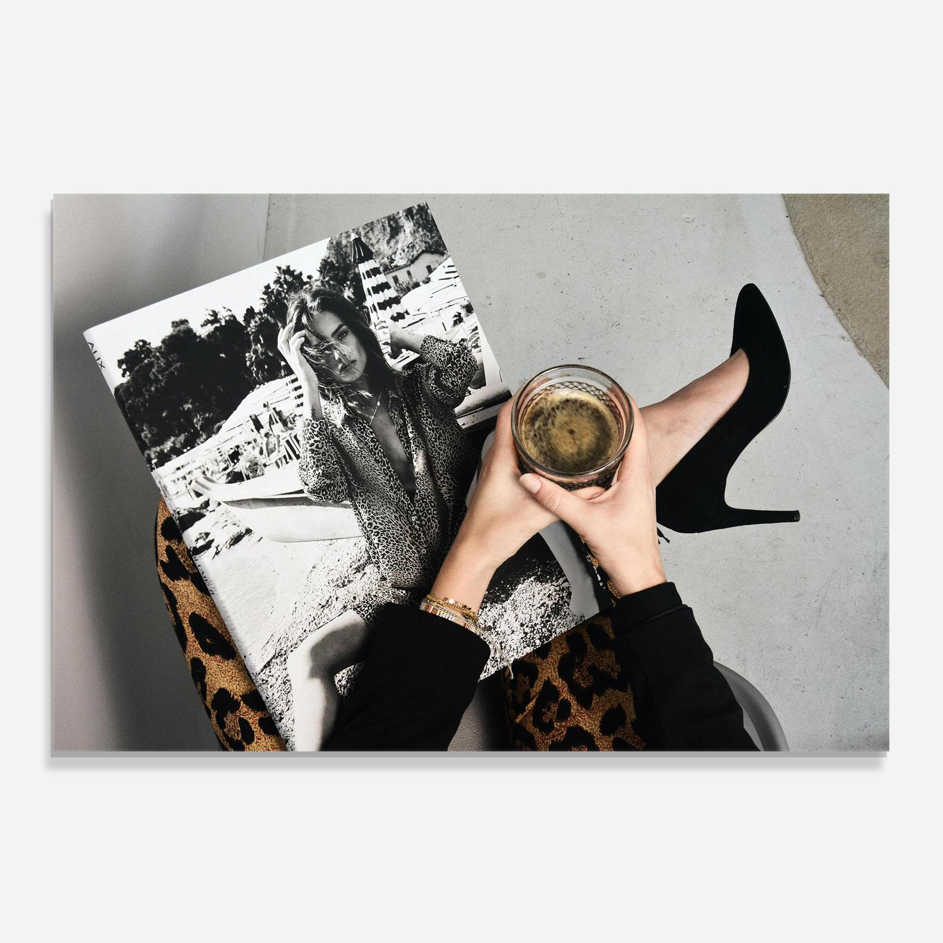 Panel Szklany do Kuchni Black Shoes Holding Coffee mockup 0