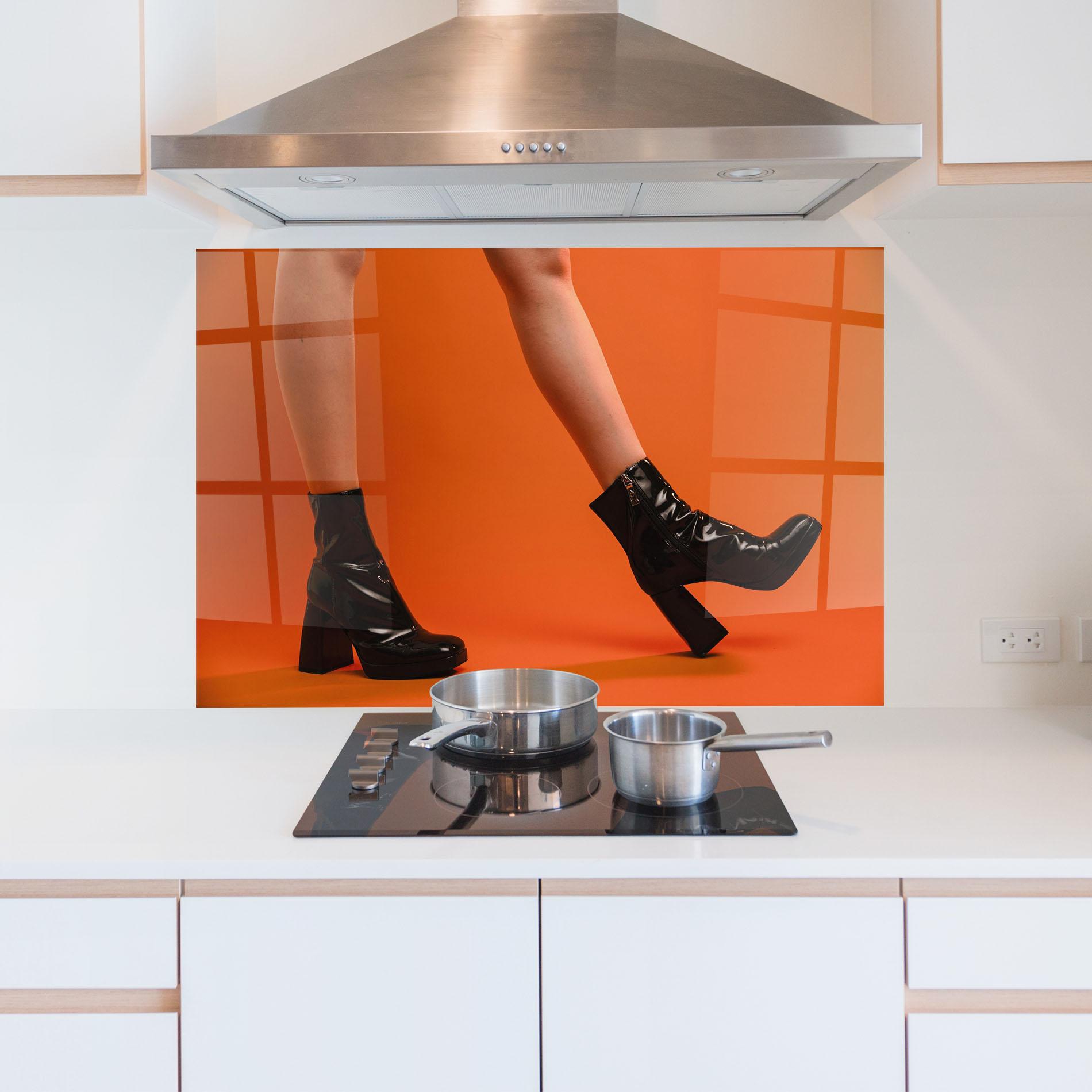 Panel Szklany do Kuchni Black Boots On Orange mockup 5