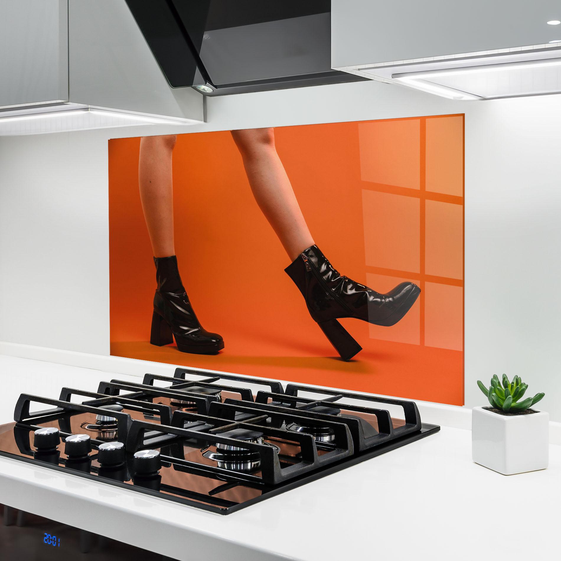 Panel Szklany do Kuchni Black Boots On Orange mockup 6