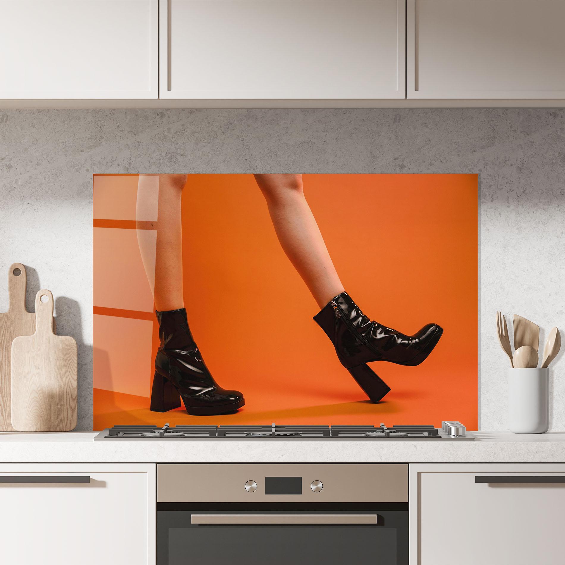 Panel Szklany do Kuchni Black Boots On Orange mockup 7