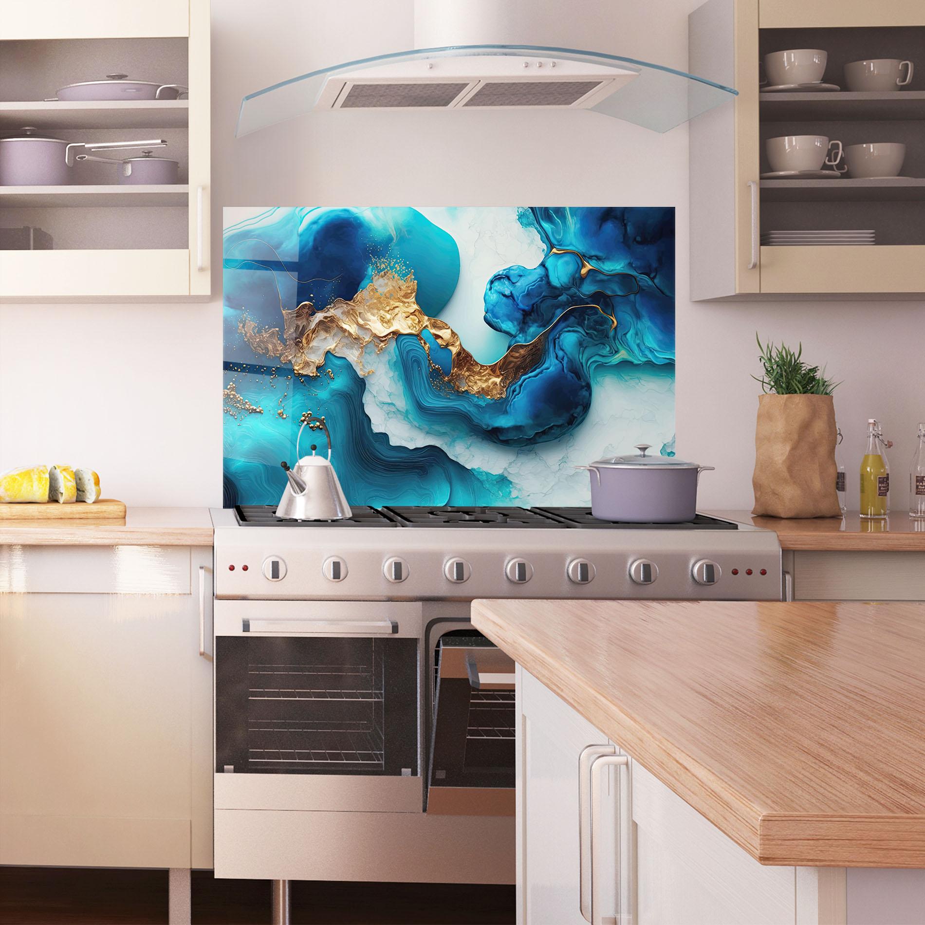 Panel Szklany do Kuchni Gold Blue Art Wave mockup 1