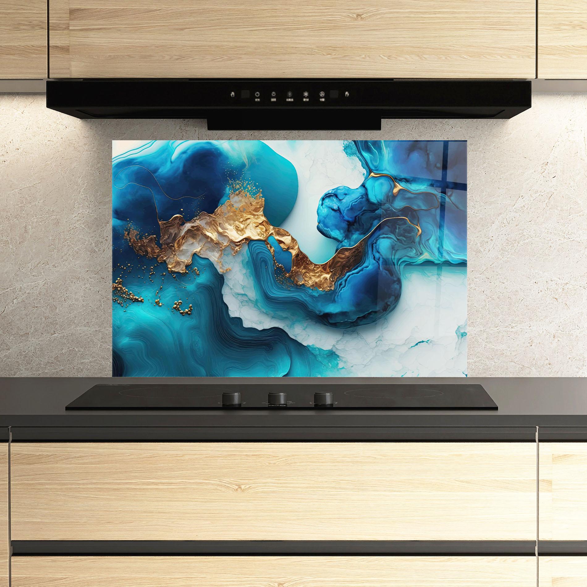 Panel Szklany do Kuchni Gold Blue Art Wave mockup 3