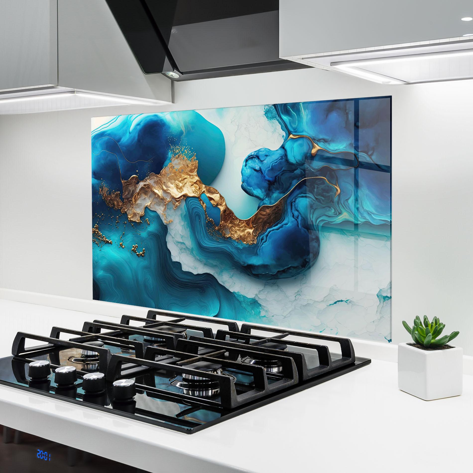 Panel Szklany do Kuchni Gold Blue Art Wave mockup 6