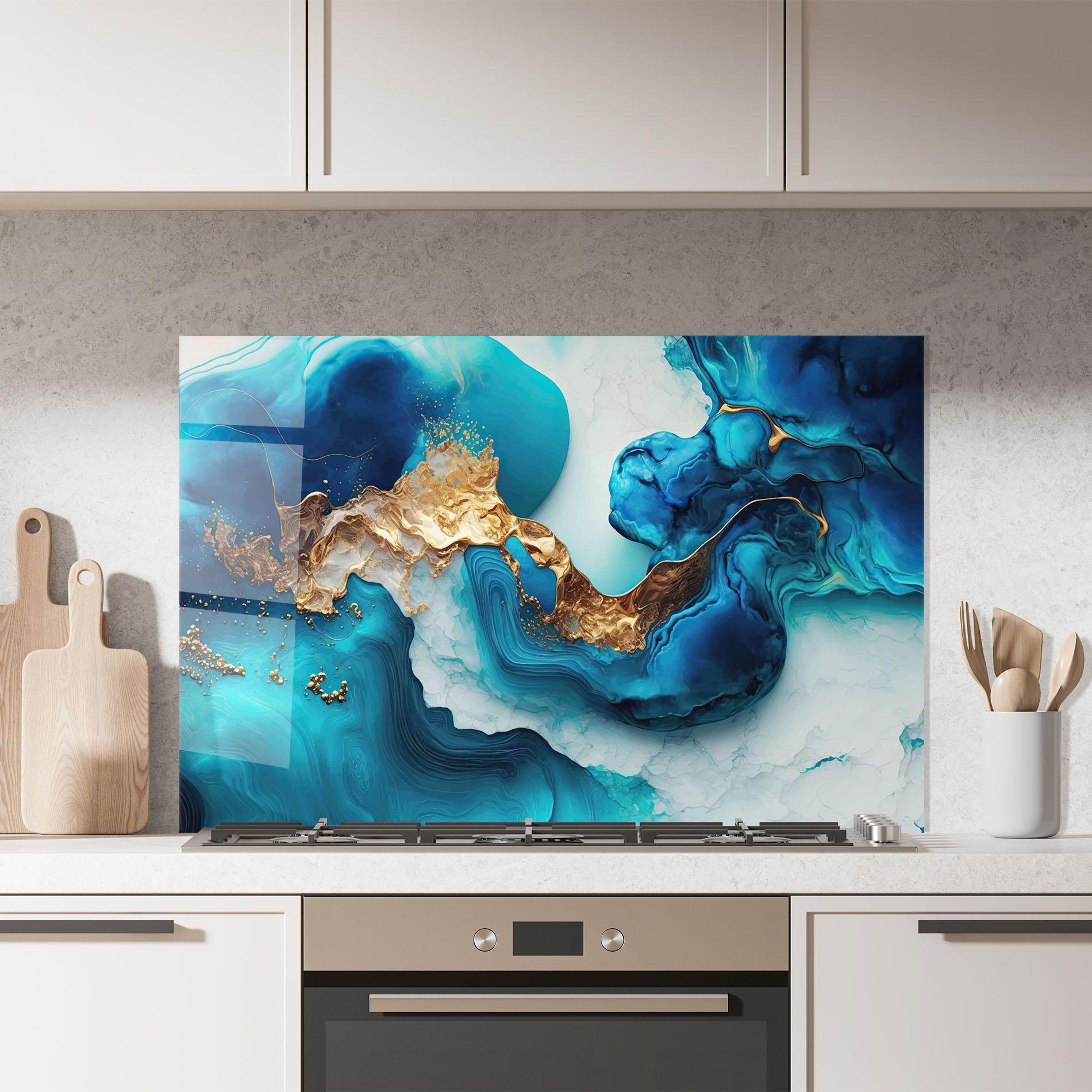 Panel Szklany do Kuchni Gold Blue Art Wave mockup 7