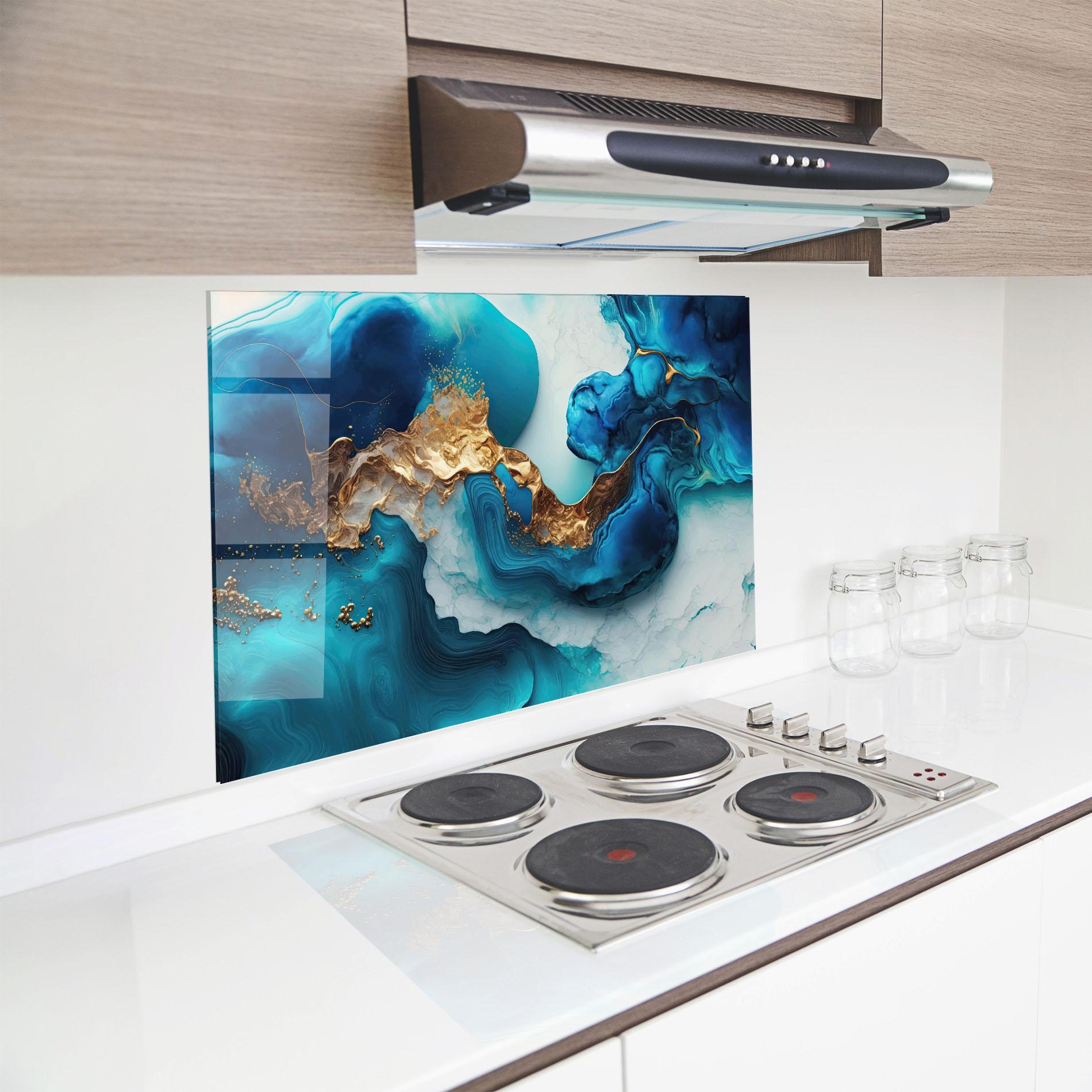 Panel Szklany do Kuchni Gold Blue Art Wave mockup 8