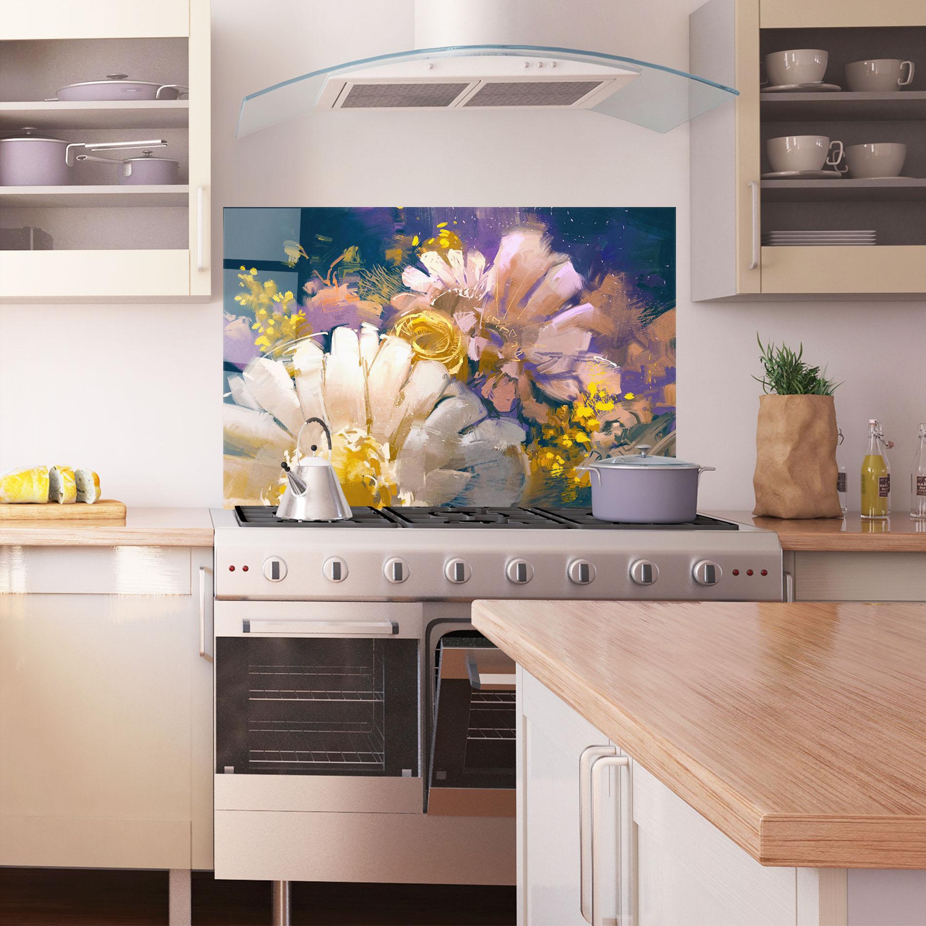 Panel Szklany do Kuchni Gold Purple Flowers mockup 1