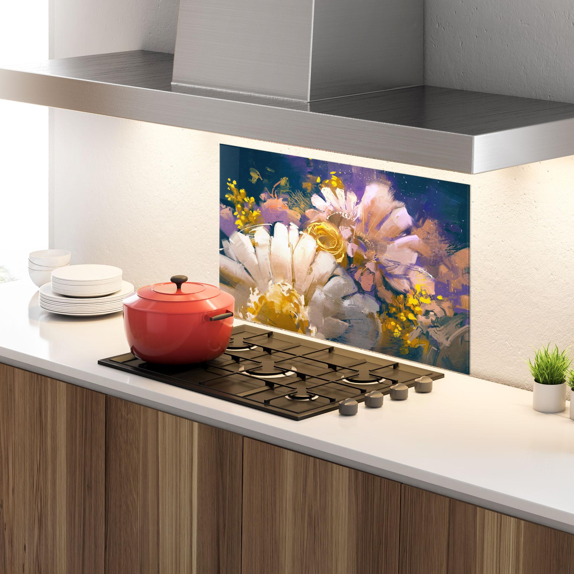 Panel Szklany do Kuchni Gold Purple Flowers mockup 4