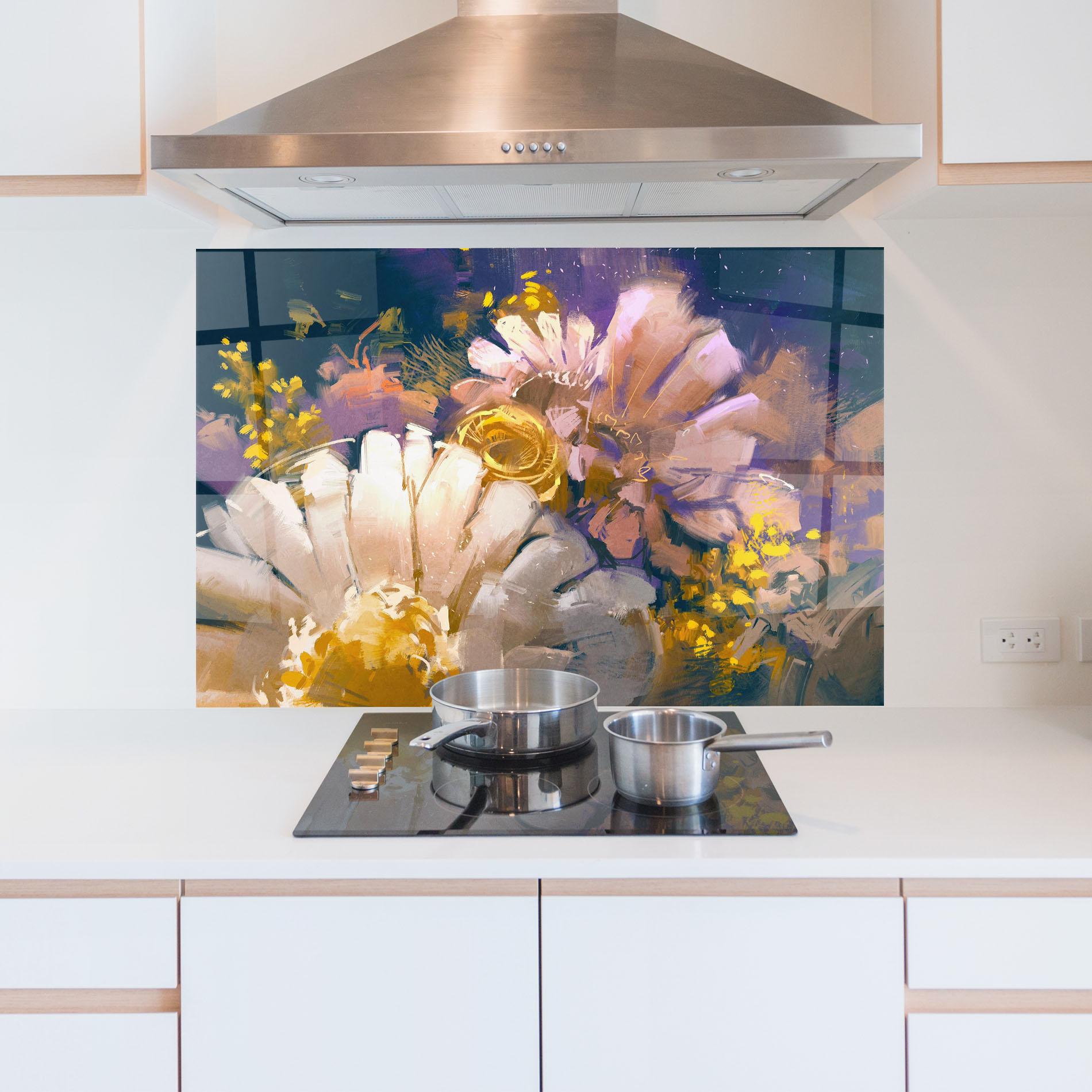 Panel Szklany do Kuchni Gold Purple Flowers mockup 5