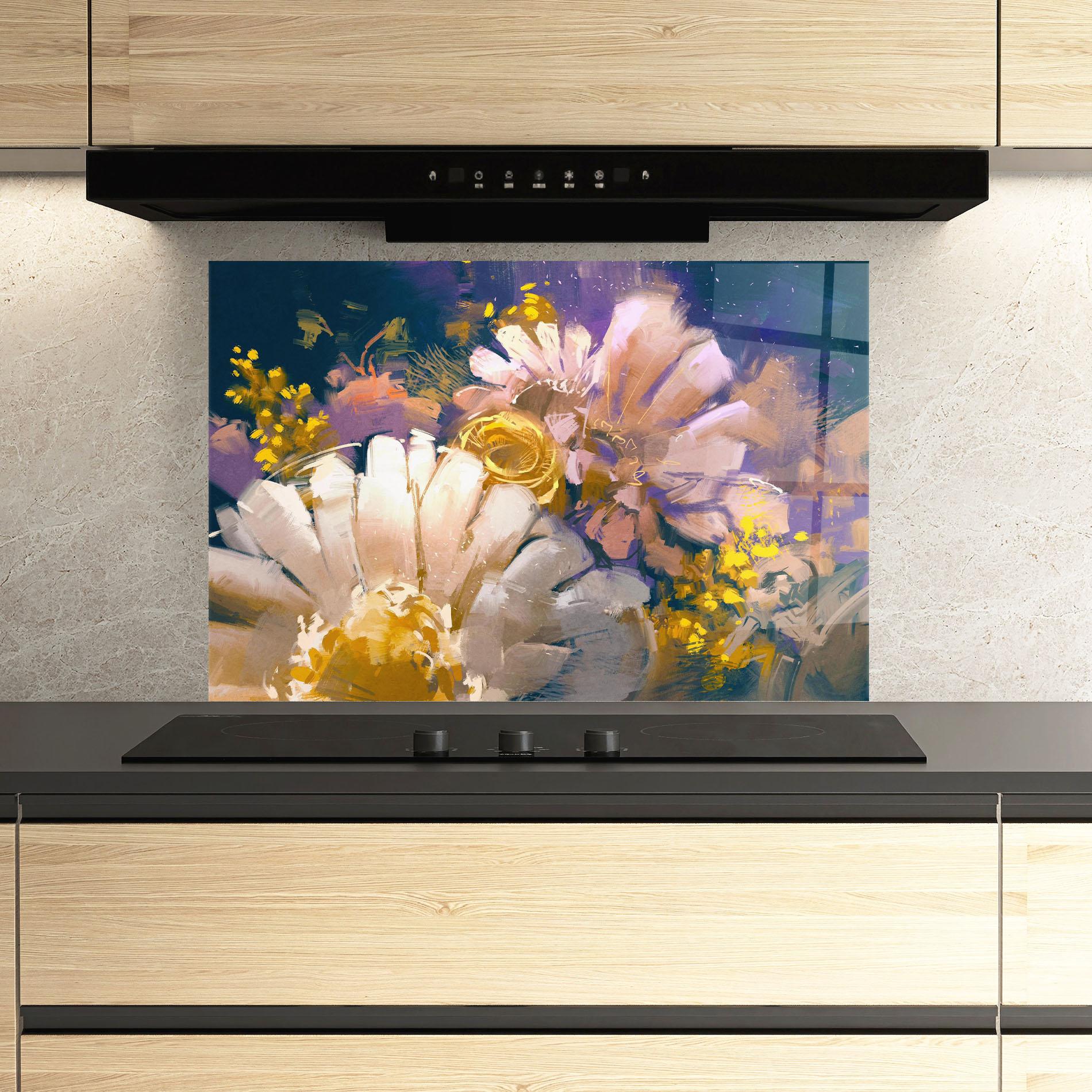 Panel Szklany do Kuchni Gold Purple Flowers mockup 3