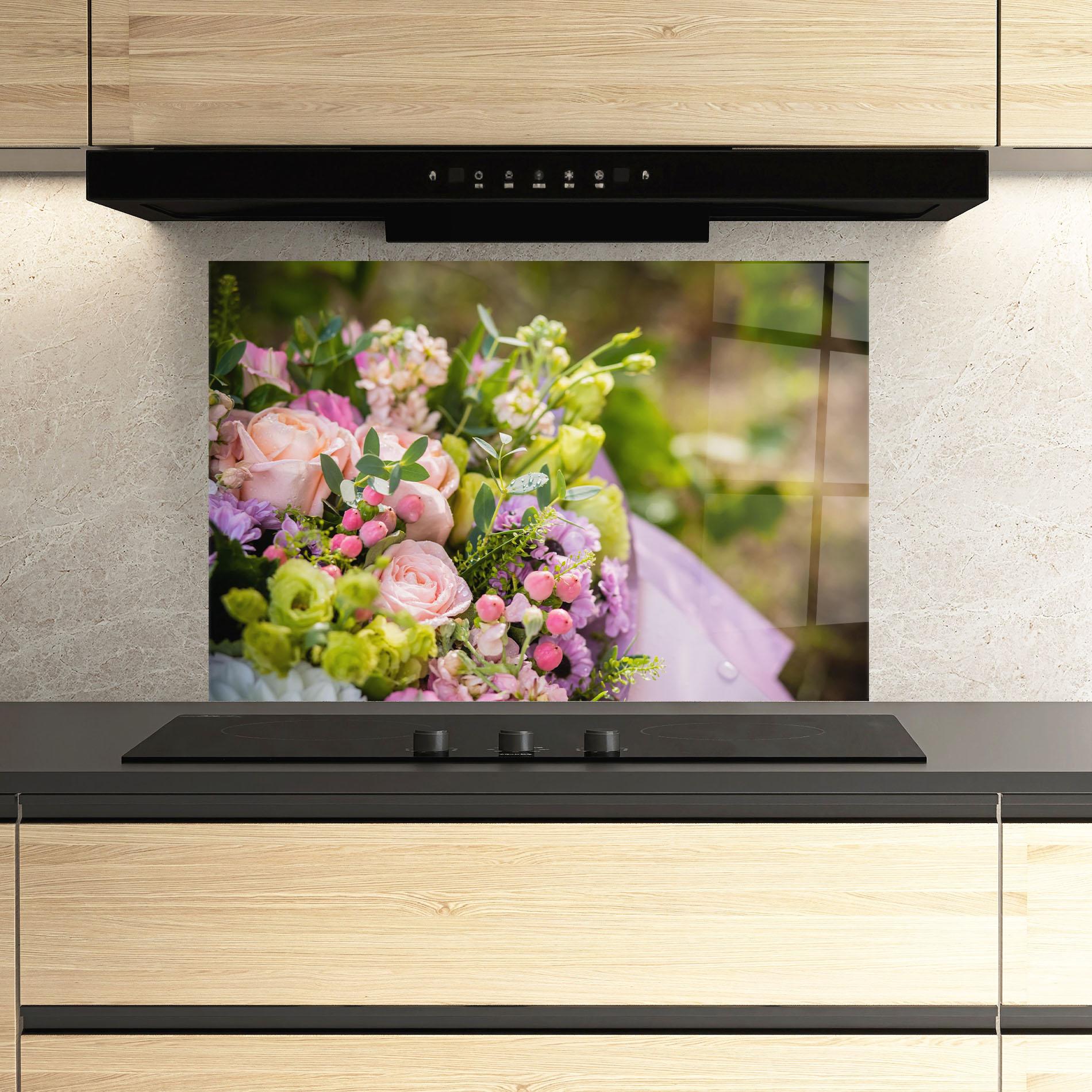 Panel Szklany do Kuchni Green Pink Bouquet mockup 3