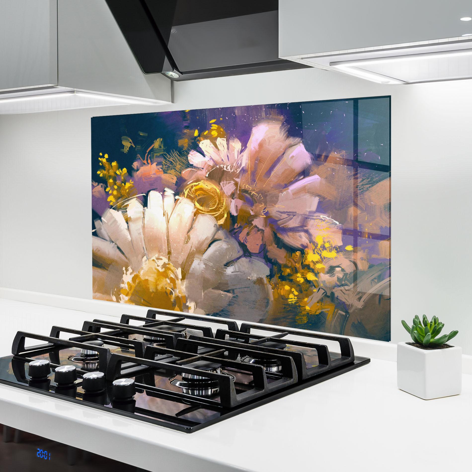 Panel Szklany do Kuchni Gold Purple Flowers mockup 6