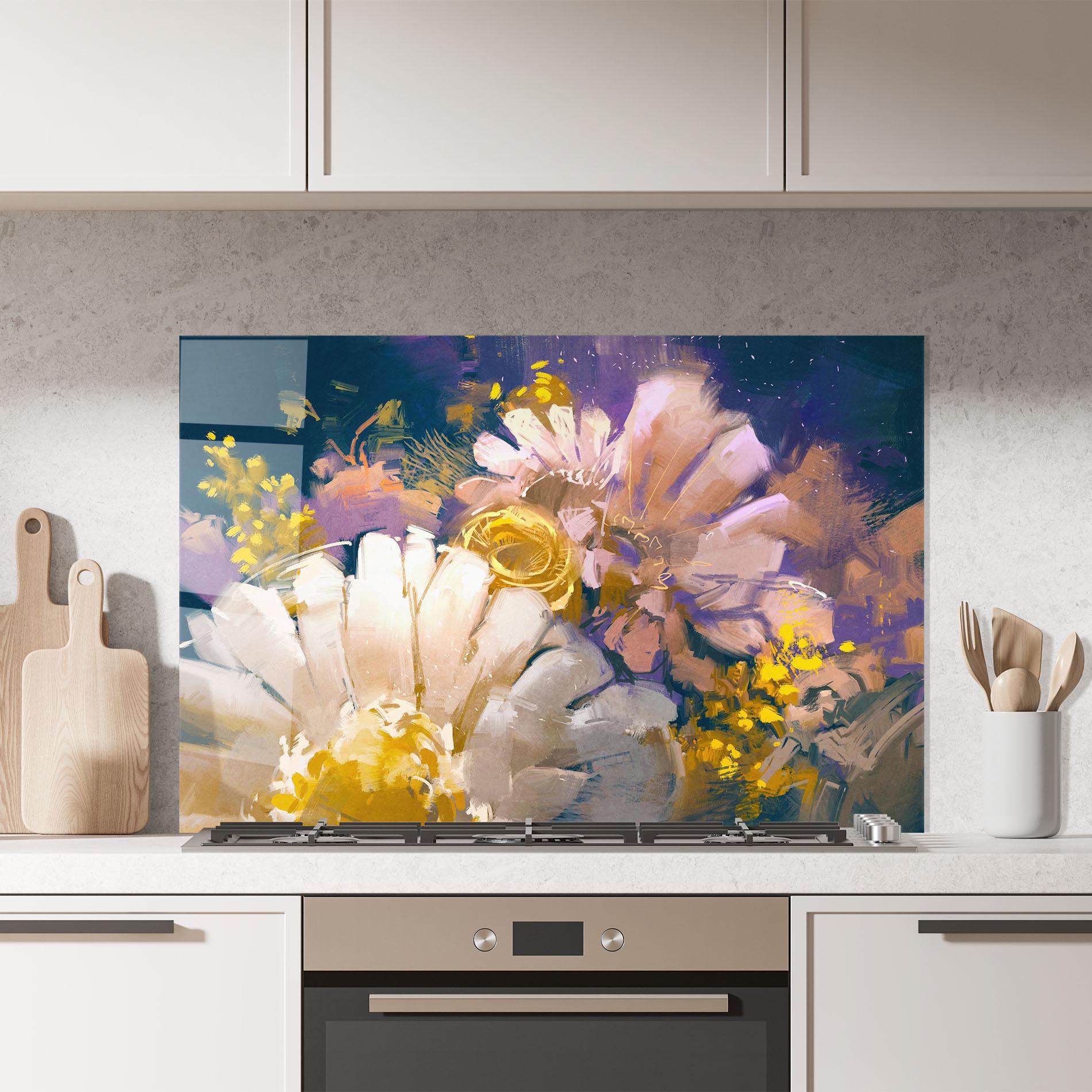 Panel Szklany do Kuchni Gold Purple Flowers mockup 7