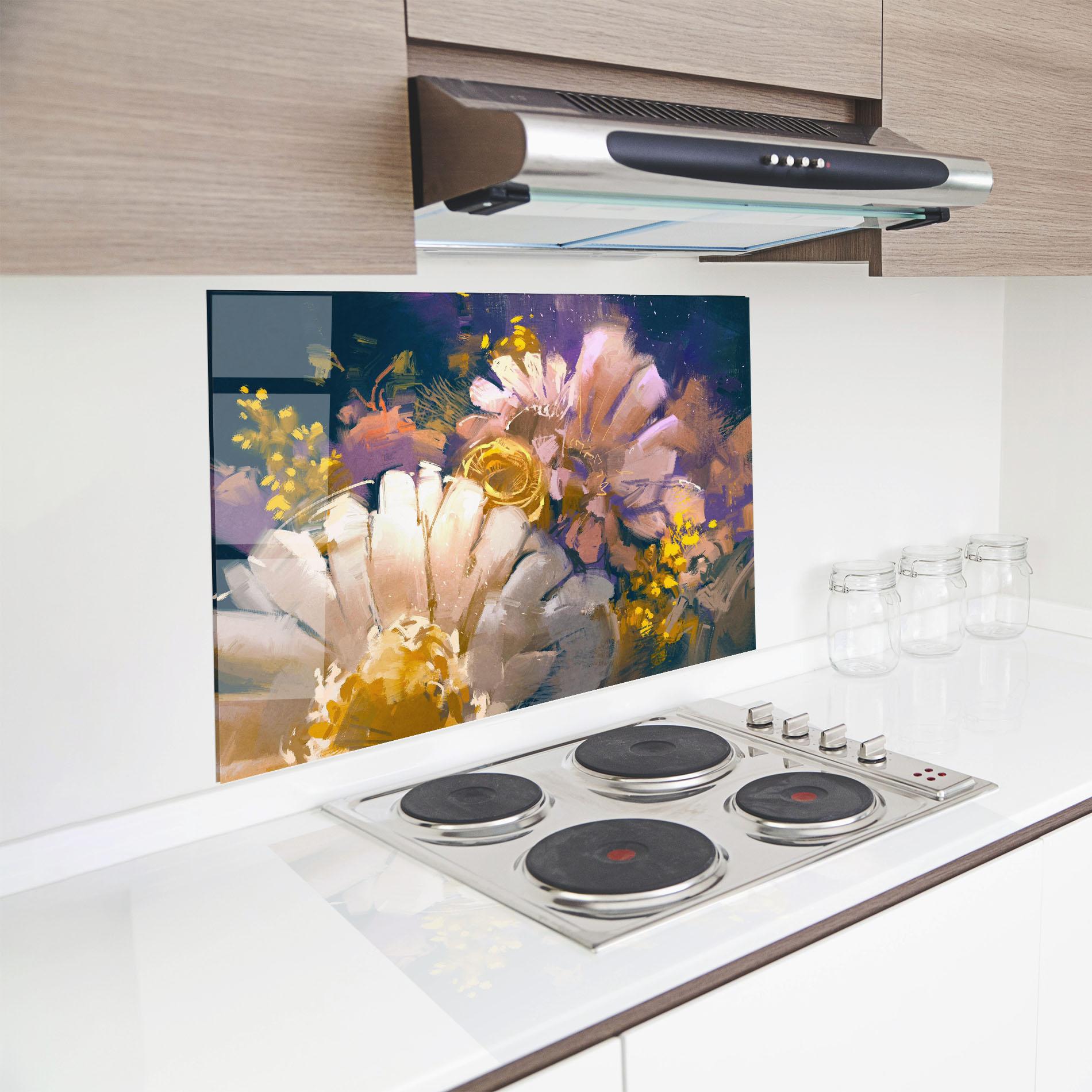 Panel Szklany do Kuchni Gold Purple Flowers mockup 8