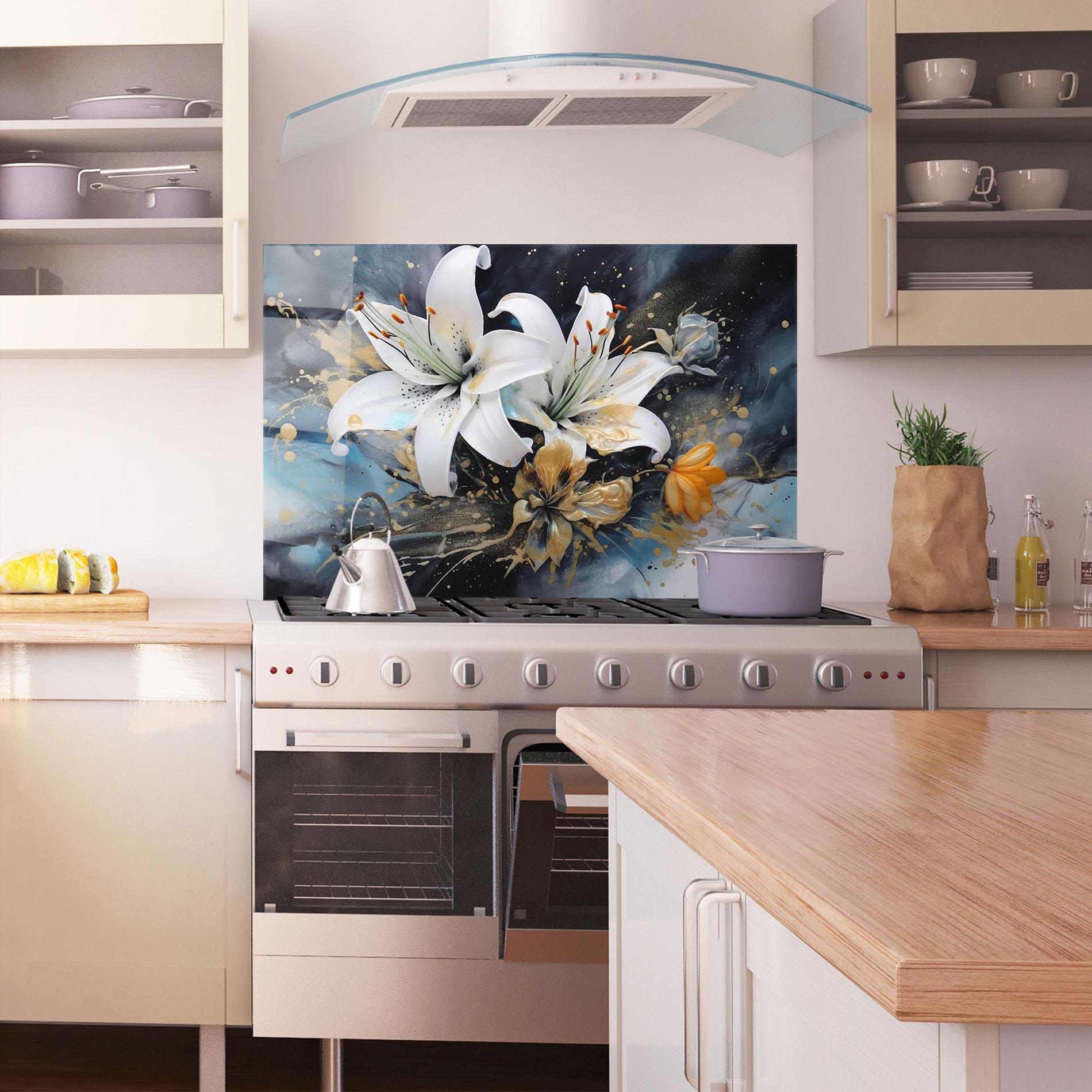 Panel Szklany do Kuchni Lily On Blue Painting mockup 1