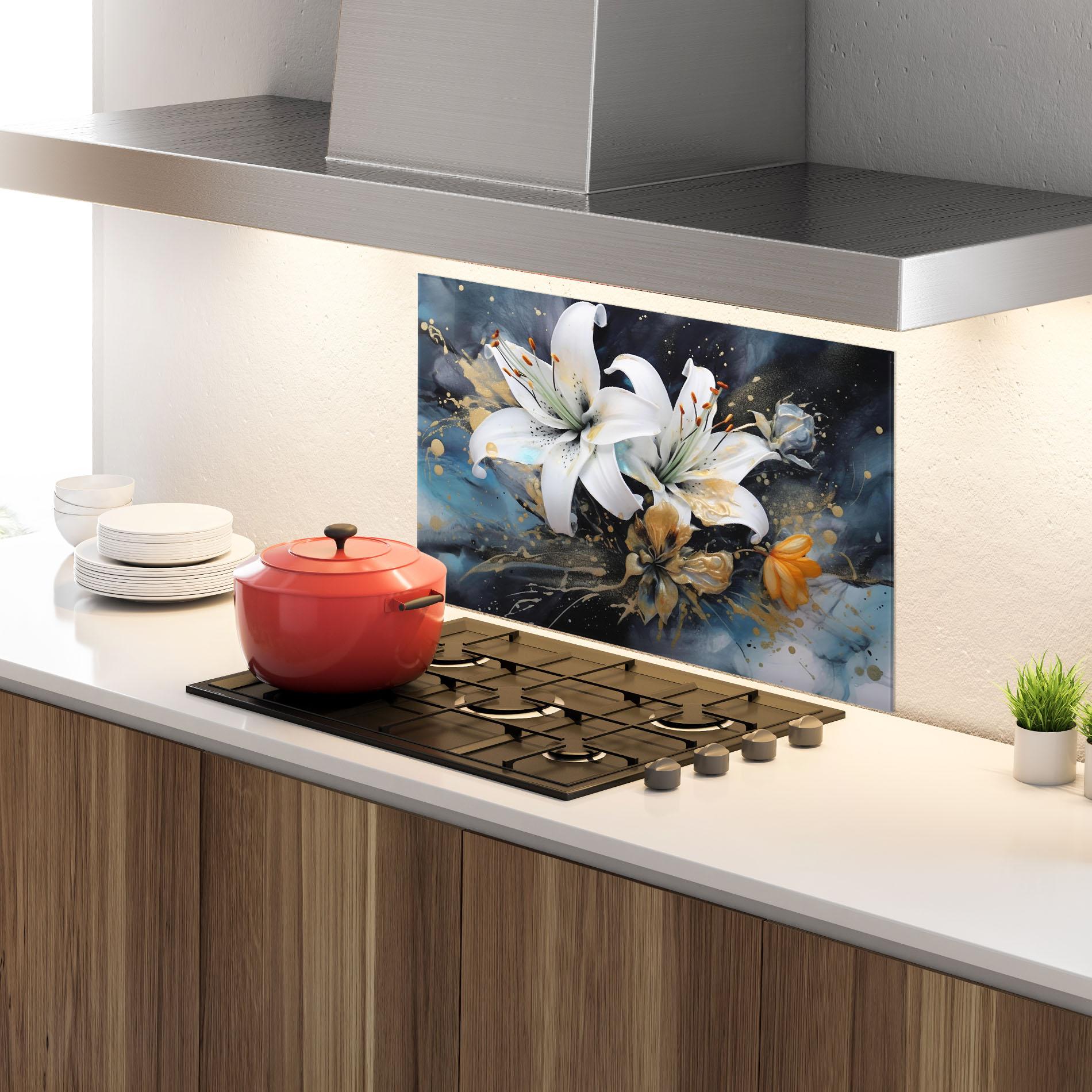 Panel Szklany do Kuchni Lily On Blue Painting mockup 4