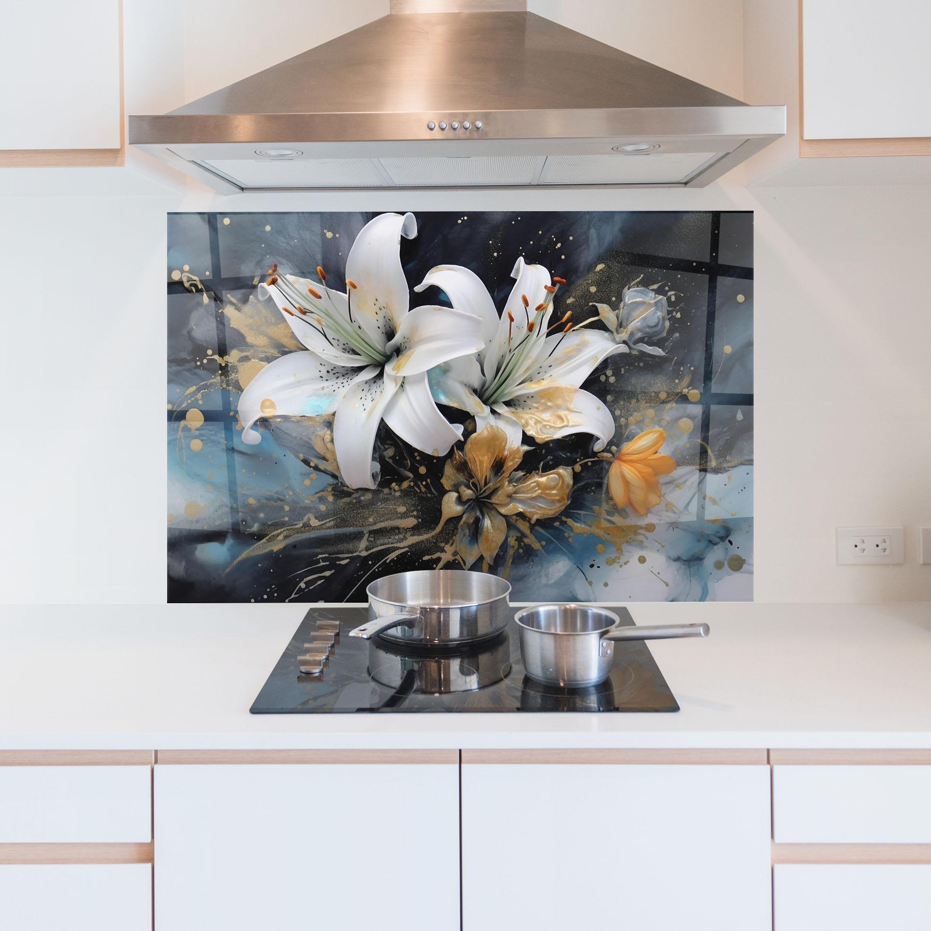 Panel Szklany do Kuchni Lily On Blue Painting mockup 5