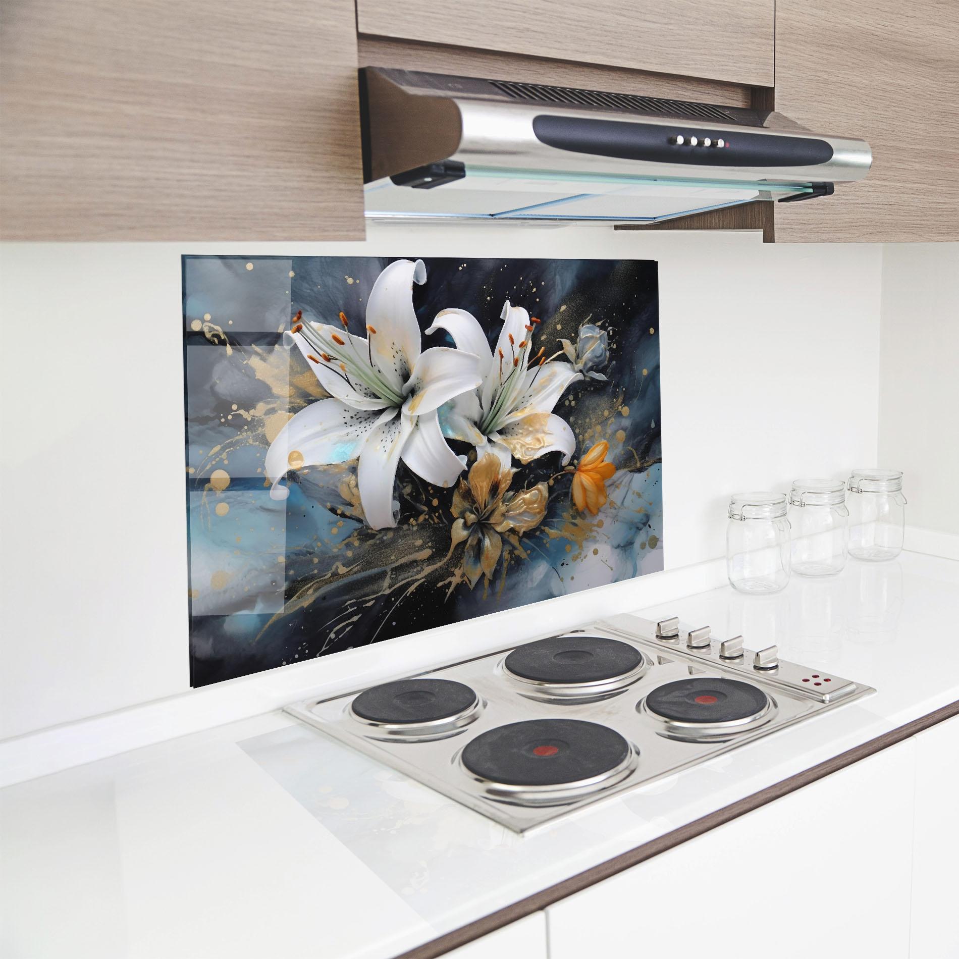 Panel Szklany do Kuchni Lily On Blue Painting mockup 8