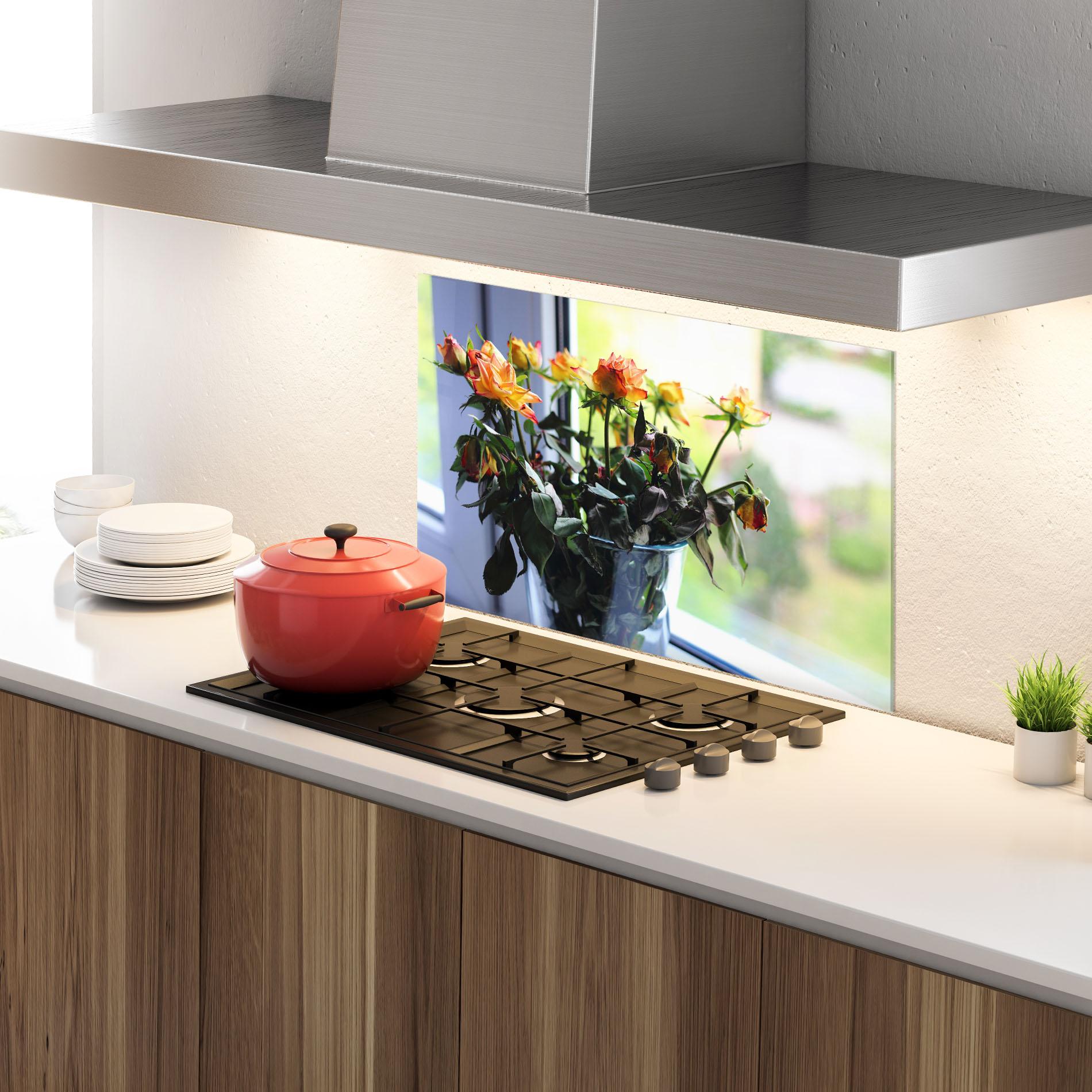 Panel Szklany do Kuchni Red Yellow Rose Vase mockup 4
