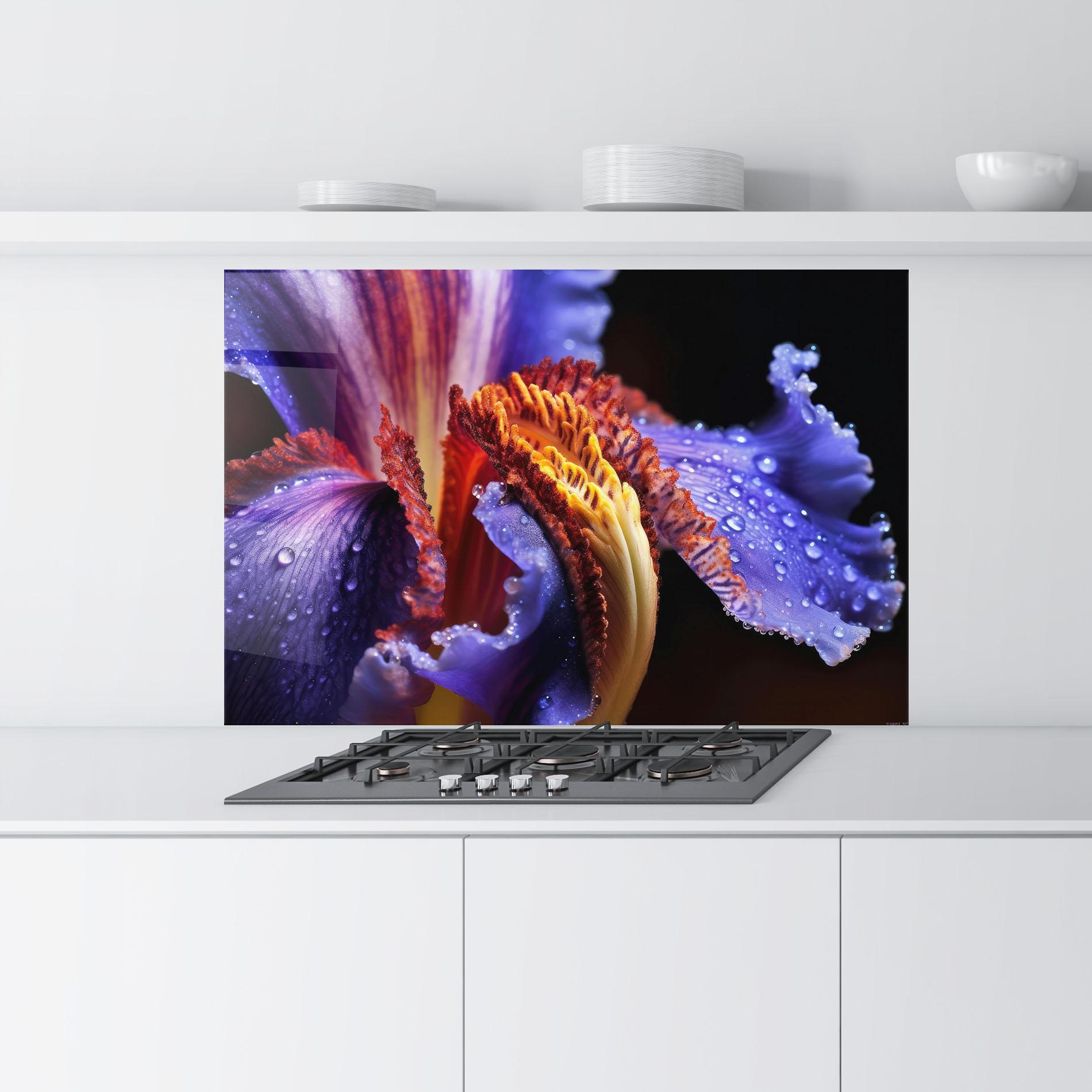 Panel Szklany do Kuchni Close Up Blue Iris After Rain mockup 9