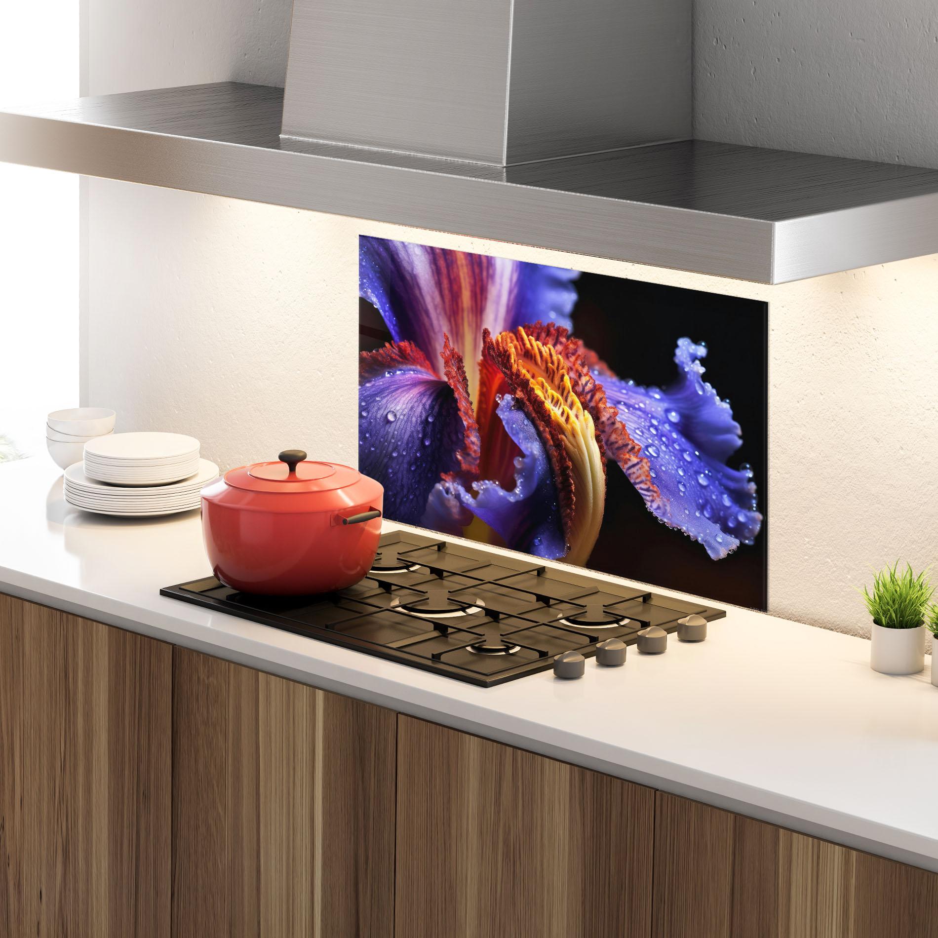 Panel Szklany do Kuchni Close Up Blue Iris After Rain mockup 4