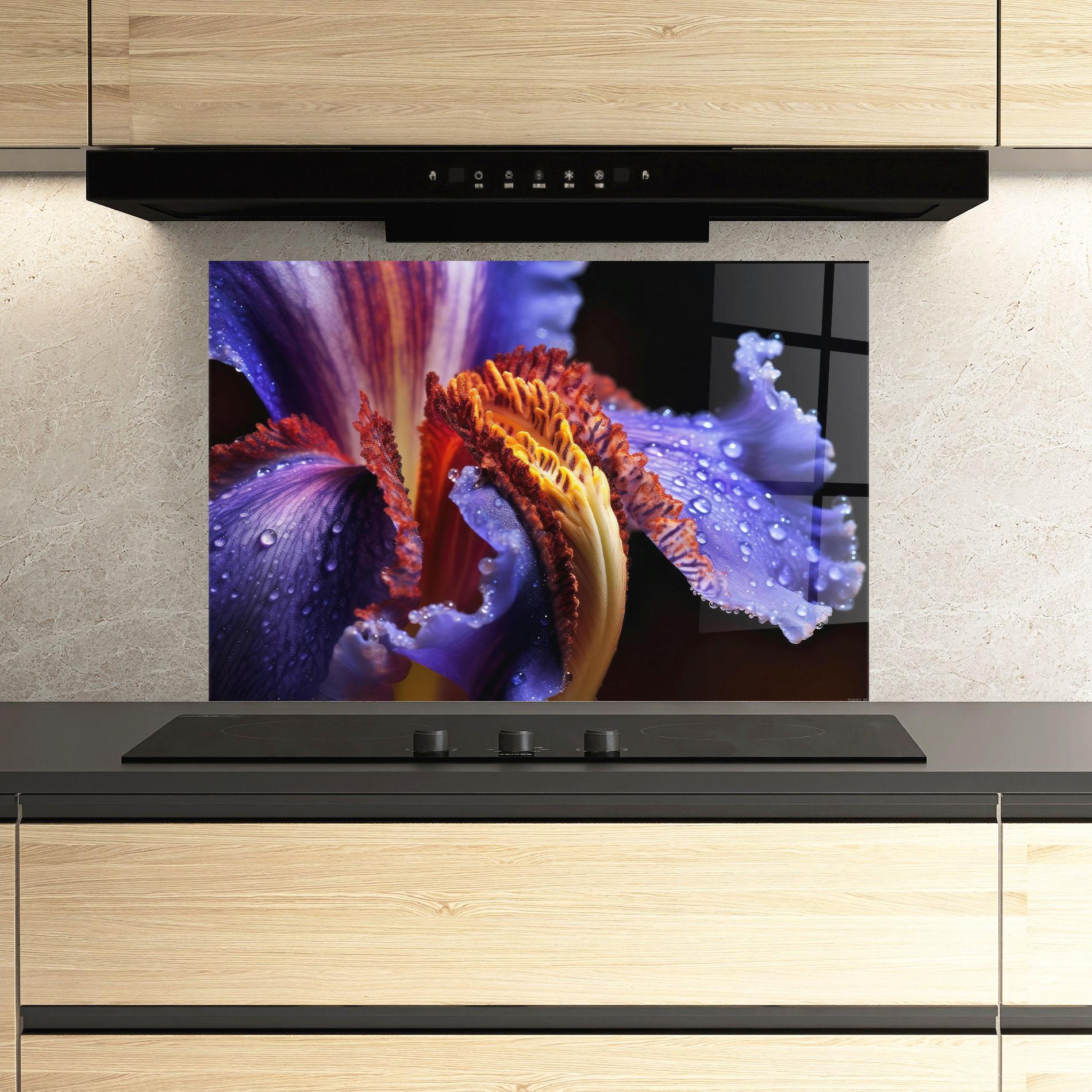 Panel Szklany do Kuchni Close Up Blue Iris After Rain mockup 3