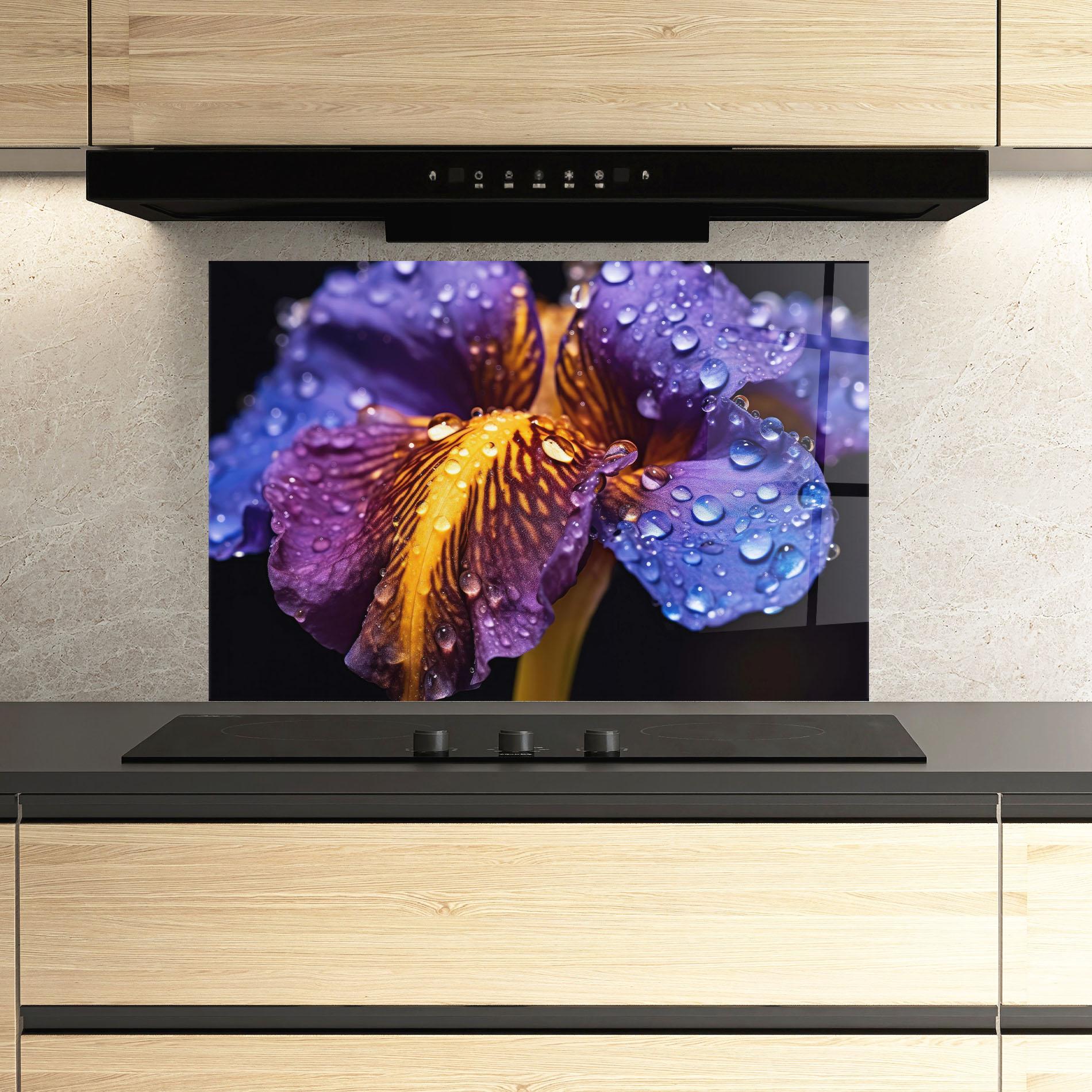 Panel Szklany do Kuchni Close Up Iris After Rain mockup 3