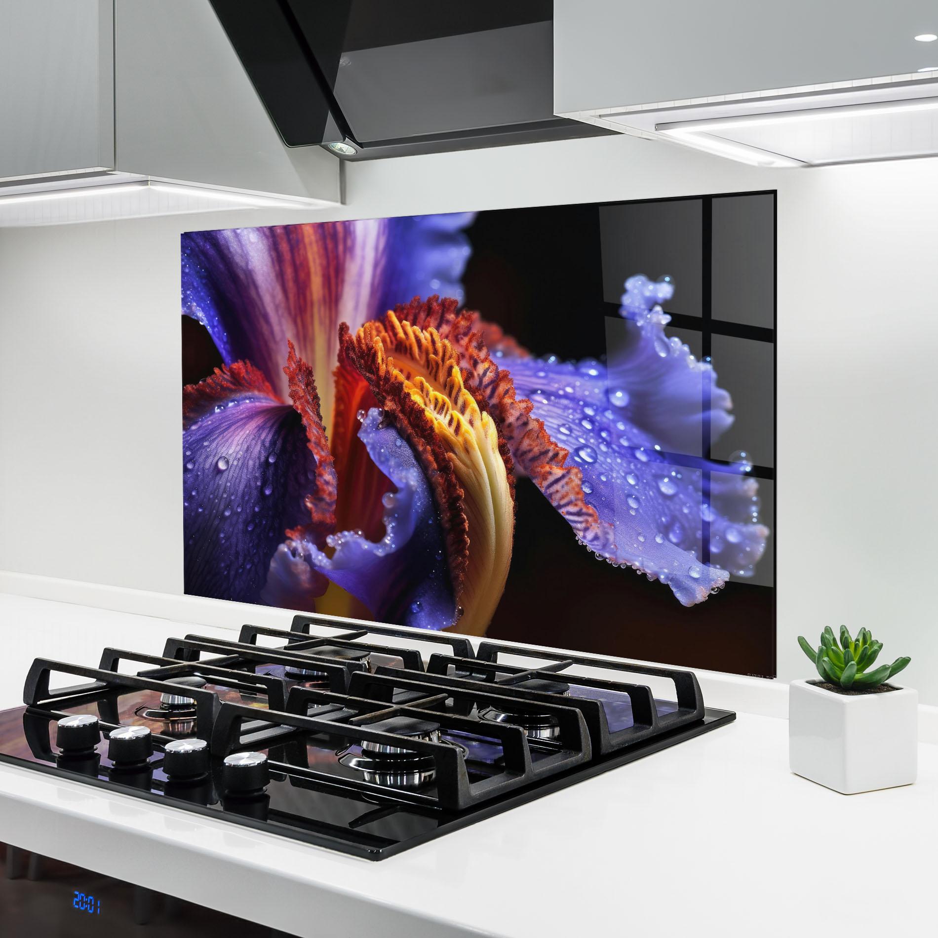 Panel Szklany do Kuchni Close Up Blue Iris After Rain mockup 6