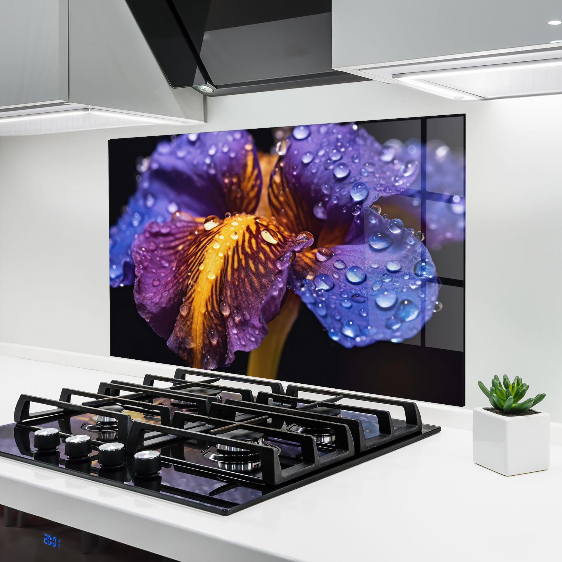 Panel Szklany do Kuchni Close Up Iris After Rain mockup 6