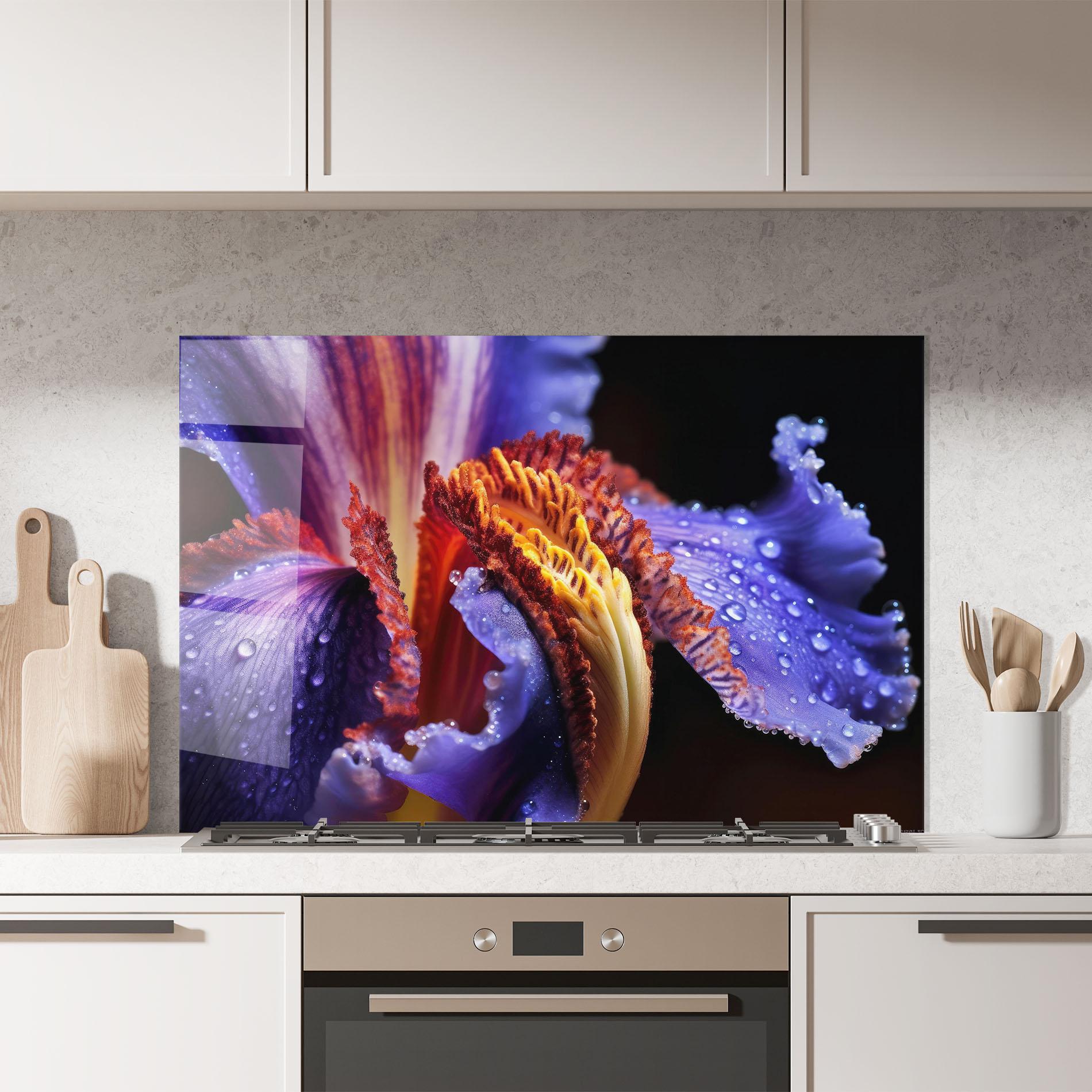 Panel Szklany do Kuchni Close Up Blue Iris After Rain mockup 7