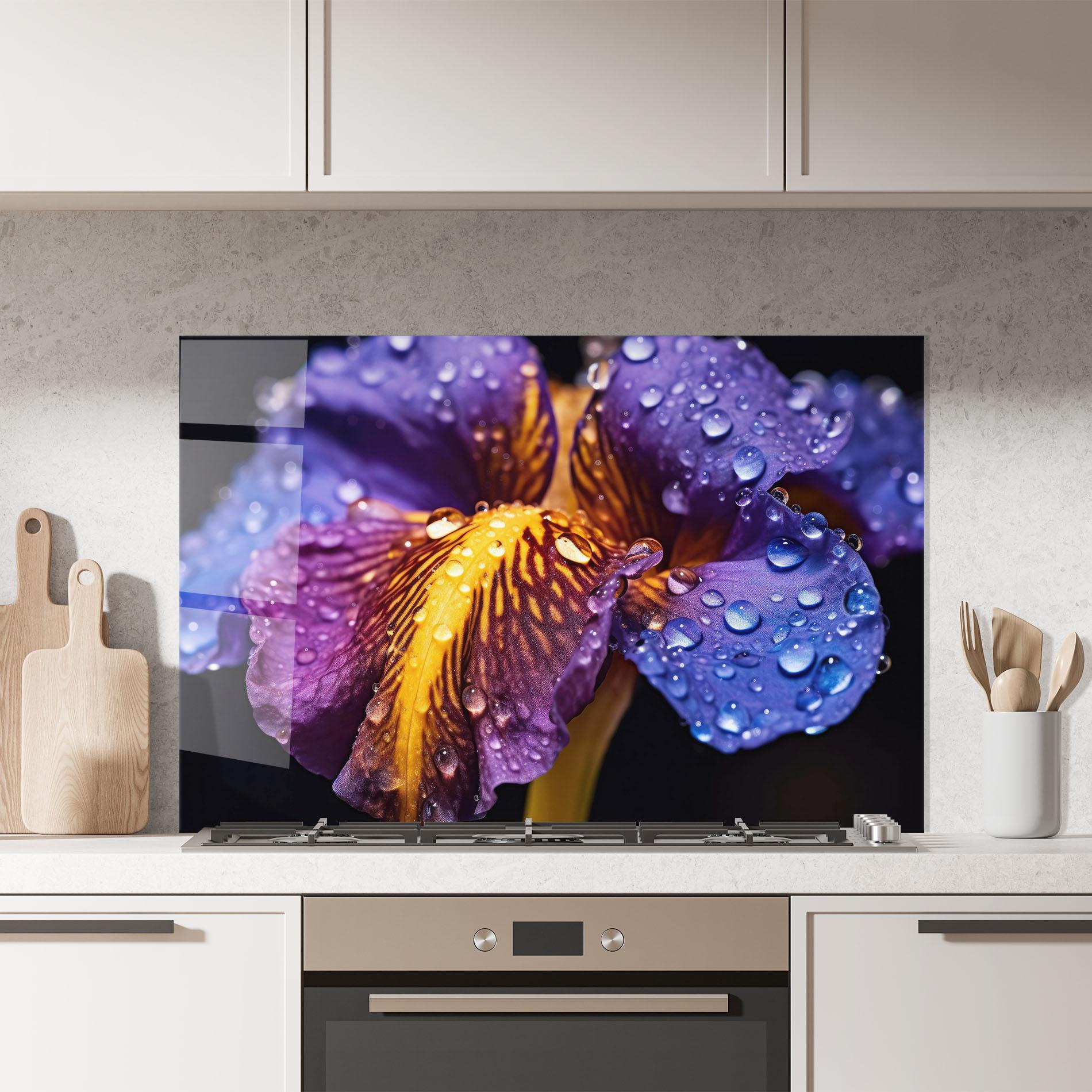 Panel Szklany do Kuchni Close Up Iris After Rain mockup 7