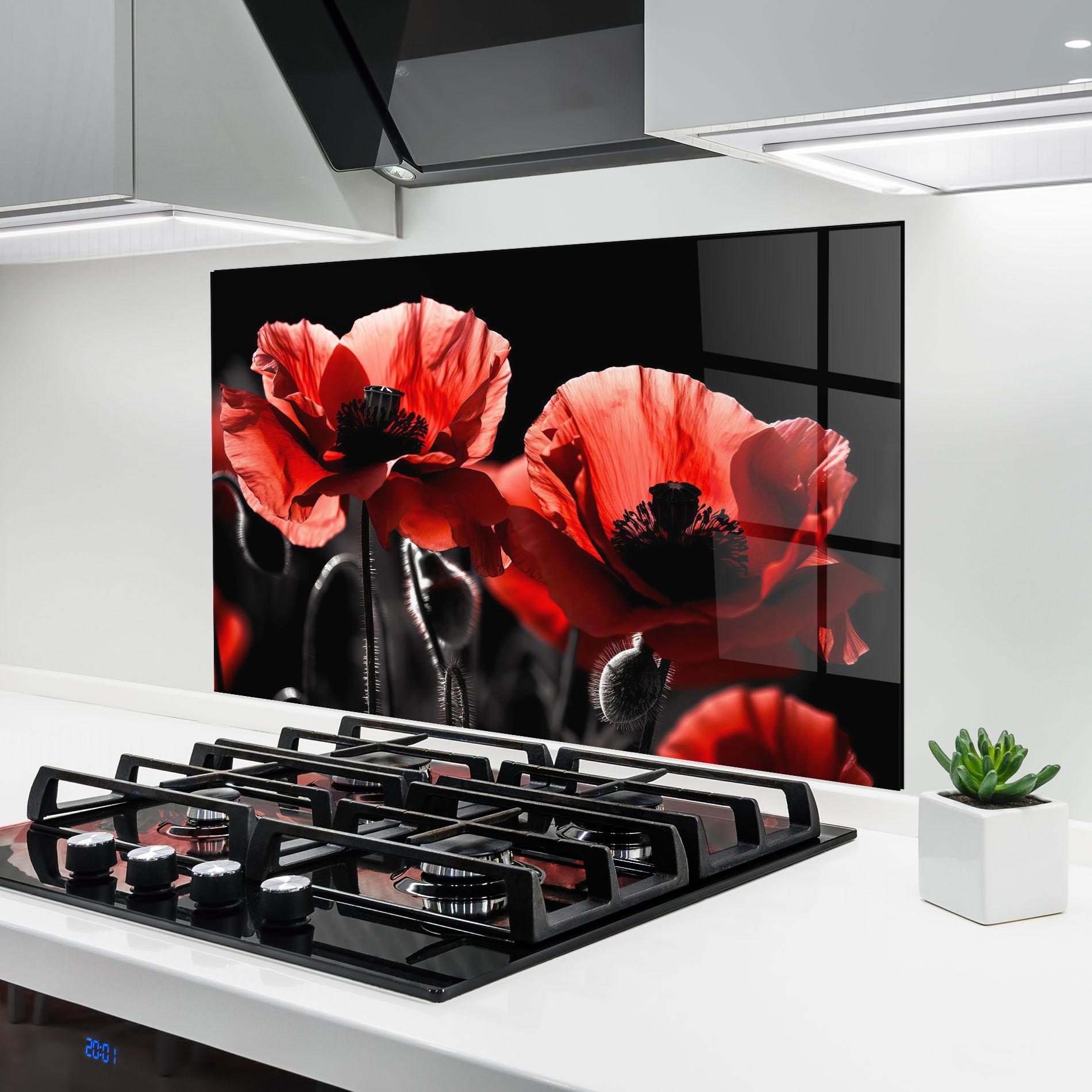 Panel Szklany do Kuchni Light Red Poppy On Black mockup 6