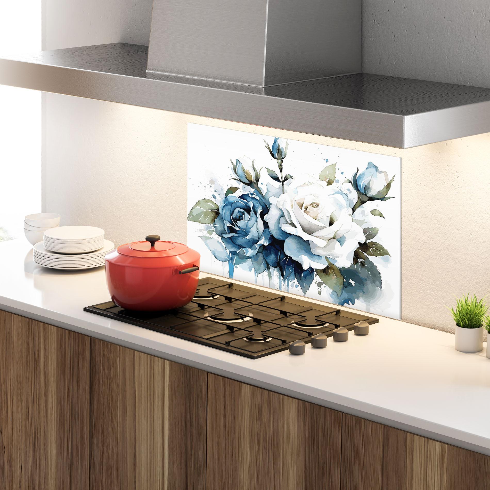 Panel Szklany do Kuchni Blue White Roses mockup 4