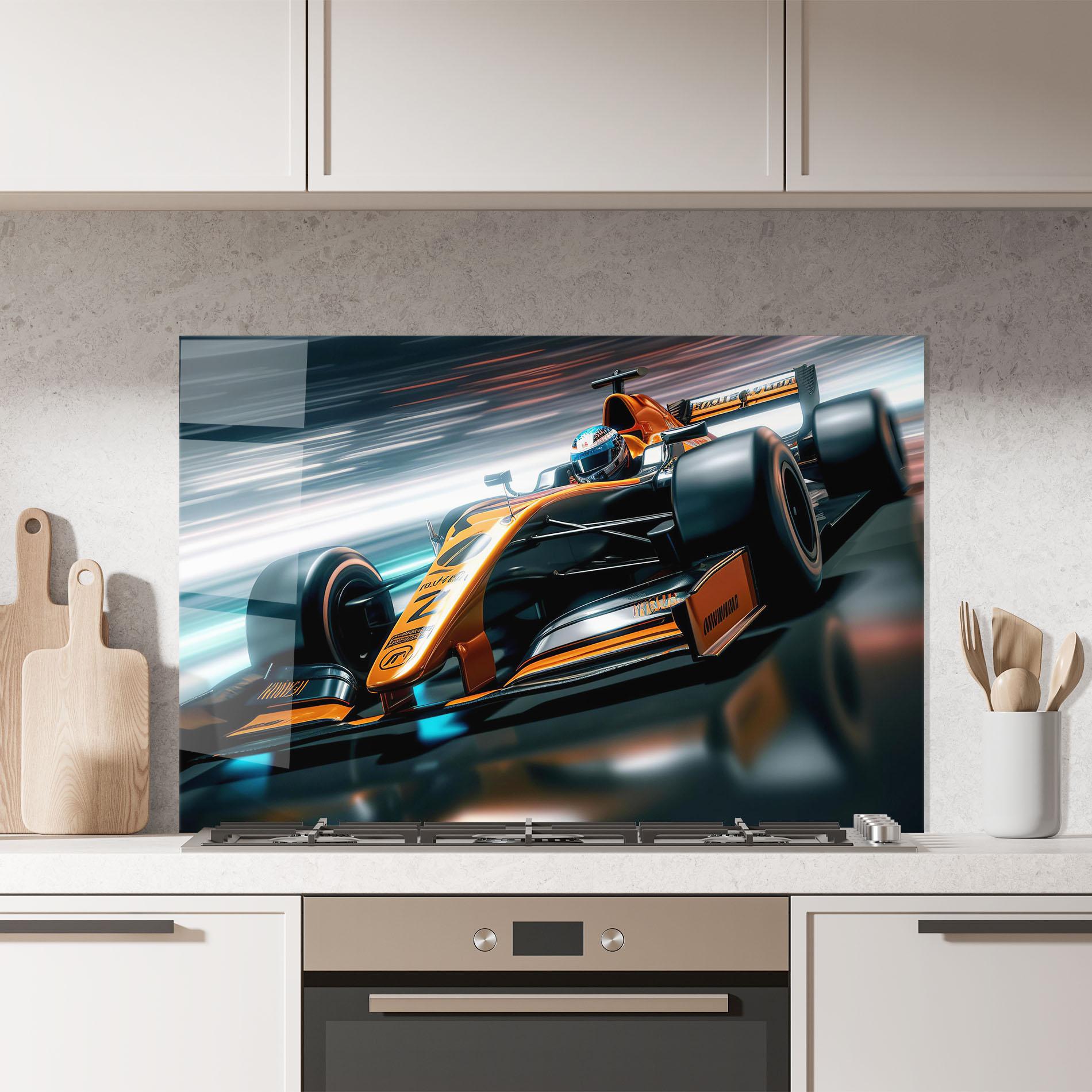 Panel Szklany do Kuchni Orange F1 Car mockup 7