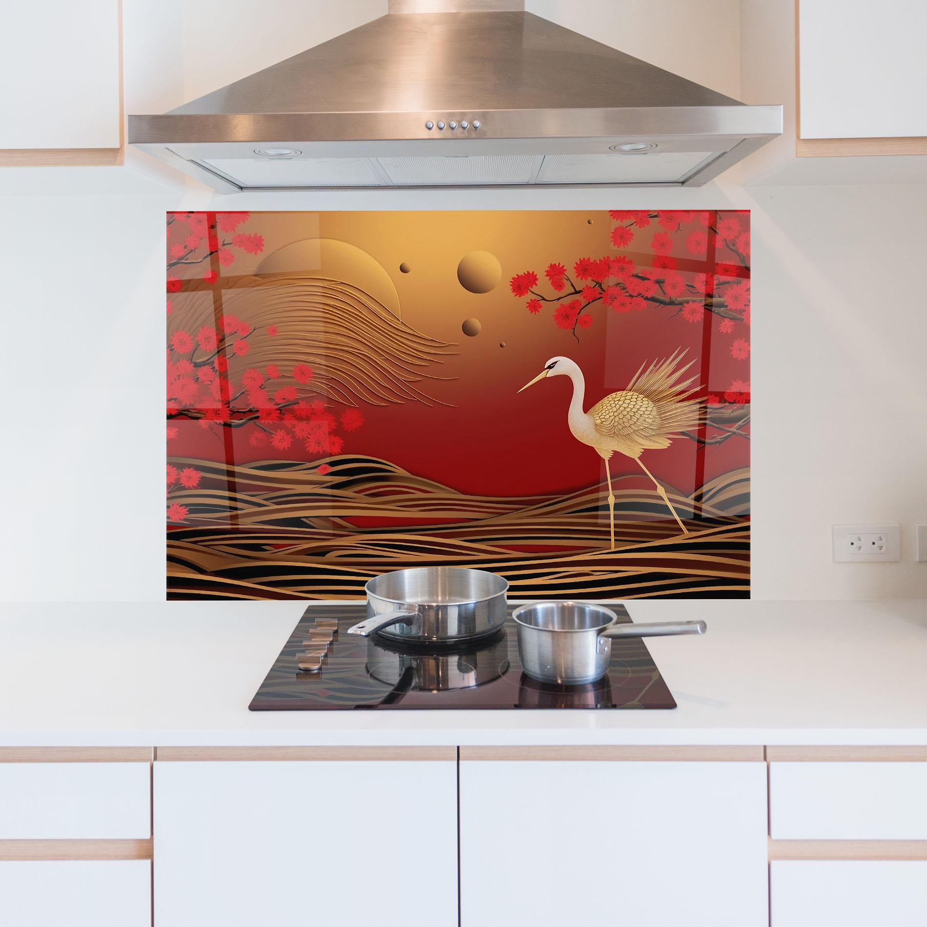 Panel Szklany do Kuchni Chinese Bird On Red Gold mockup 5