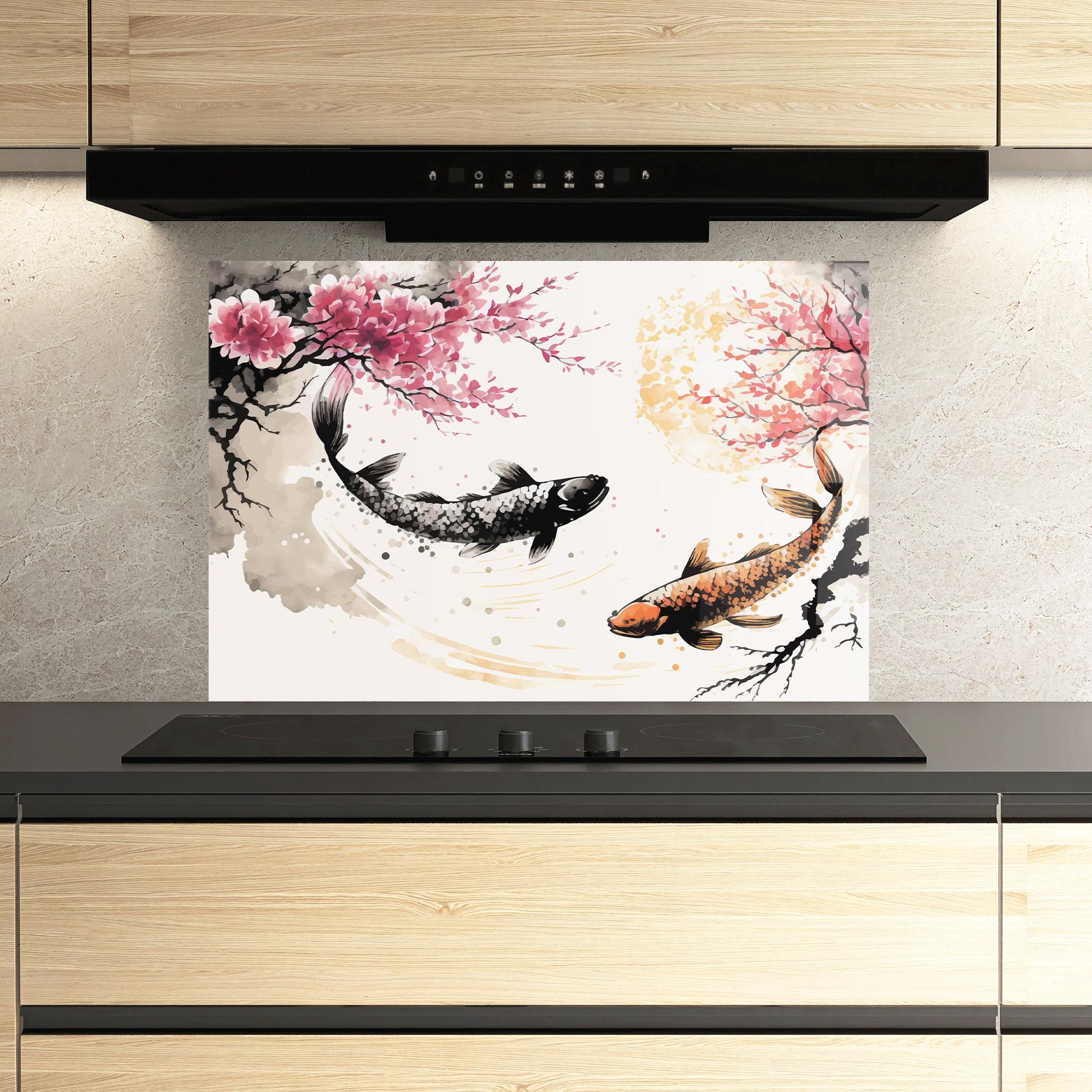 Panel Szklany do Kuchni Asiatic Flower Fish mockup 3