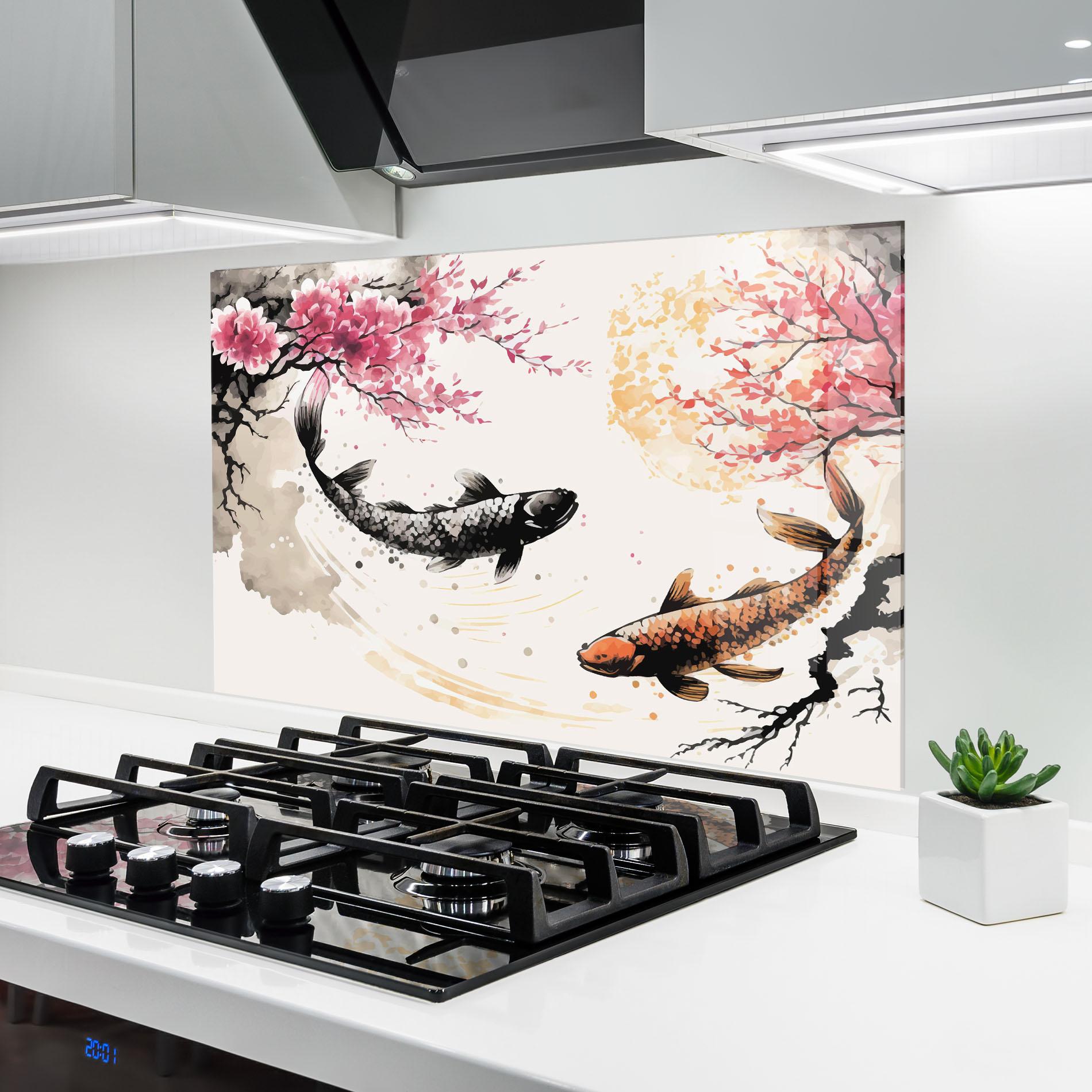 Panel Szklany do Kuchni Asiatic Flower Fish mockup 6